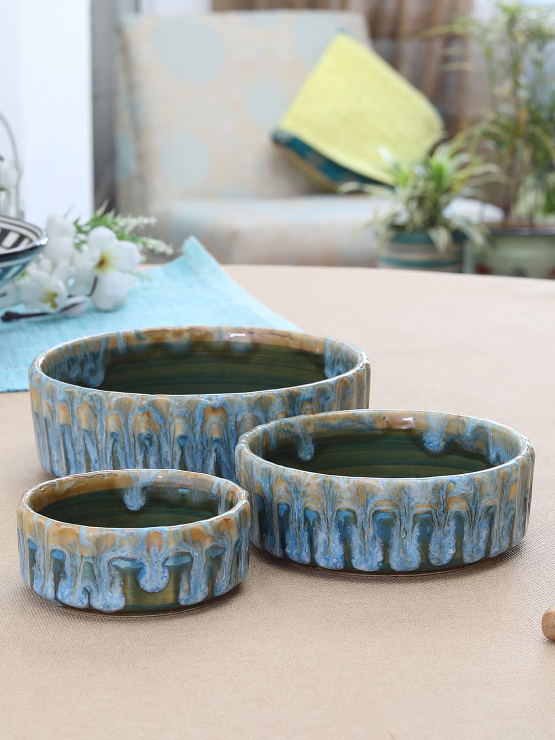 Miah Decor MDCF-71 Egronomic Crafted Pie Plates-Set of 3 : Spring Green & Brown Color 1