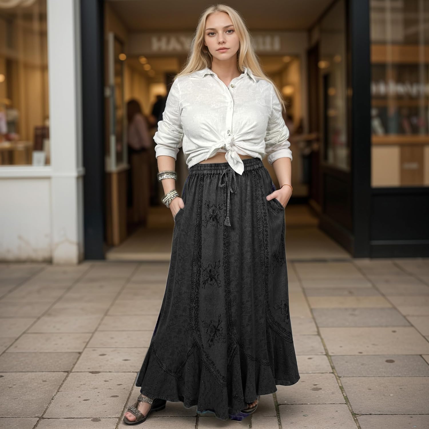 Agan Traders 2026 Maxi Skirts for Women - Medieval High Waisted Womens Skirts - A Line Drawstring Embroidered Long Skirt