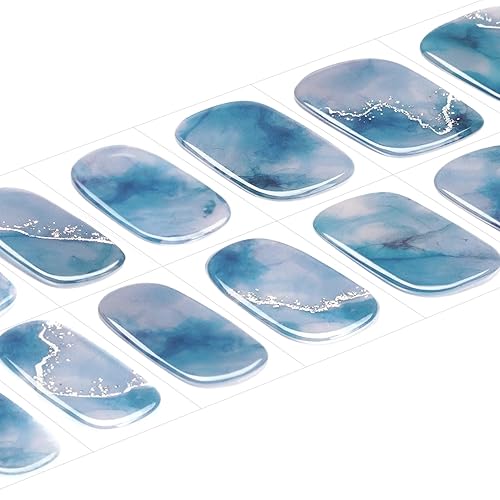 Miniatura 2 de DANNI & TONI Tiras de uñas de gel semicuradas azules (Marble Canyon) Tie Dye Gel Nail Stickers Silver Glitter Nail Wraps 28 calcomanías