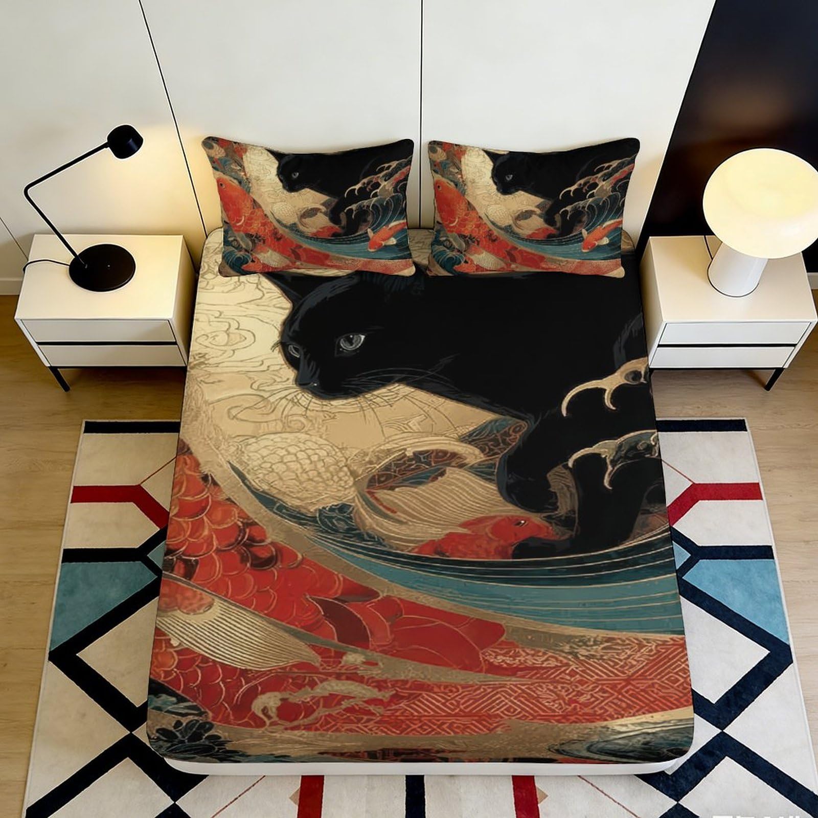 3D Printed Ukiyo-e Black Cat Fitted Sheet Microfiber Non-Slip Deep Pocket Bedroom Bedding Ukiyo-e Black Cat Mattress Fitted Cover 140x200x25cm