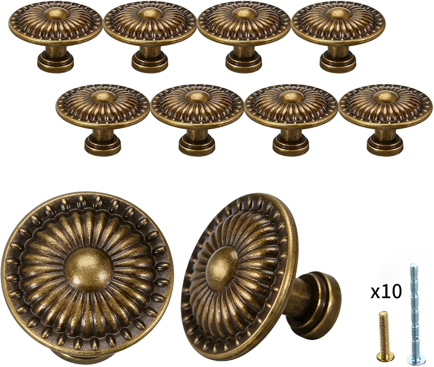 10Pack 1-1/4 inch Glossy Black Zinc Euro-Style Cabinet Knobs, Drawer Pulls & Door Handles,Patterned Drawer Pulls for Kitchen and Dresser (Antique, 10)