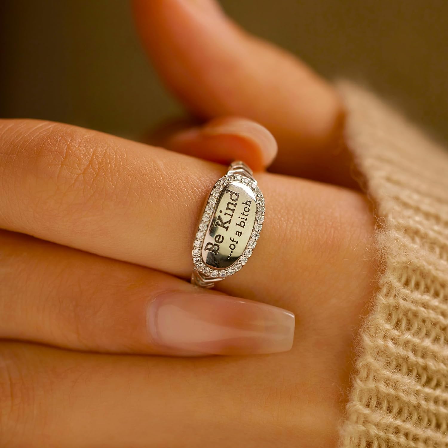 Be Kind of A Bitch Ring for Women, 925 Sterling Silver Be Kind of A B Mantra Ring to Sorority Sisters Best Friends Funny Inspirational Rings Wide Band Jewelry Christmas Gifts