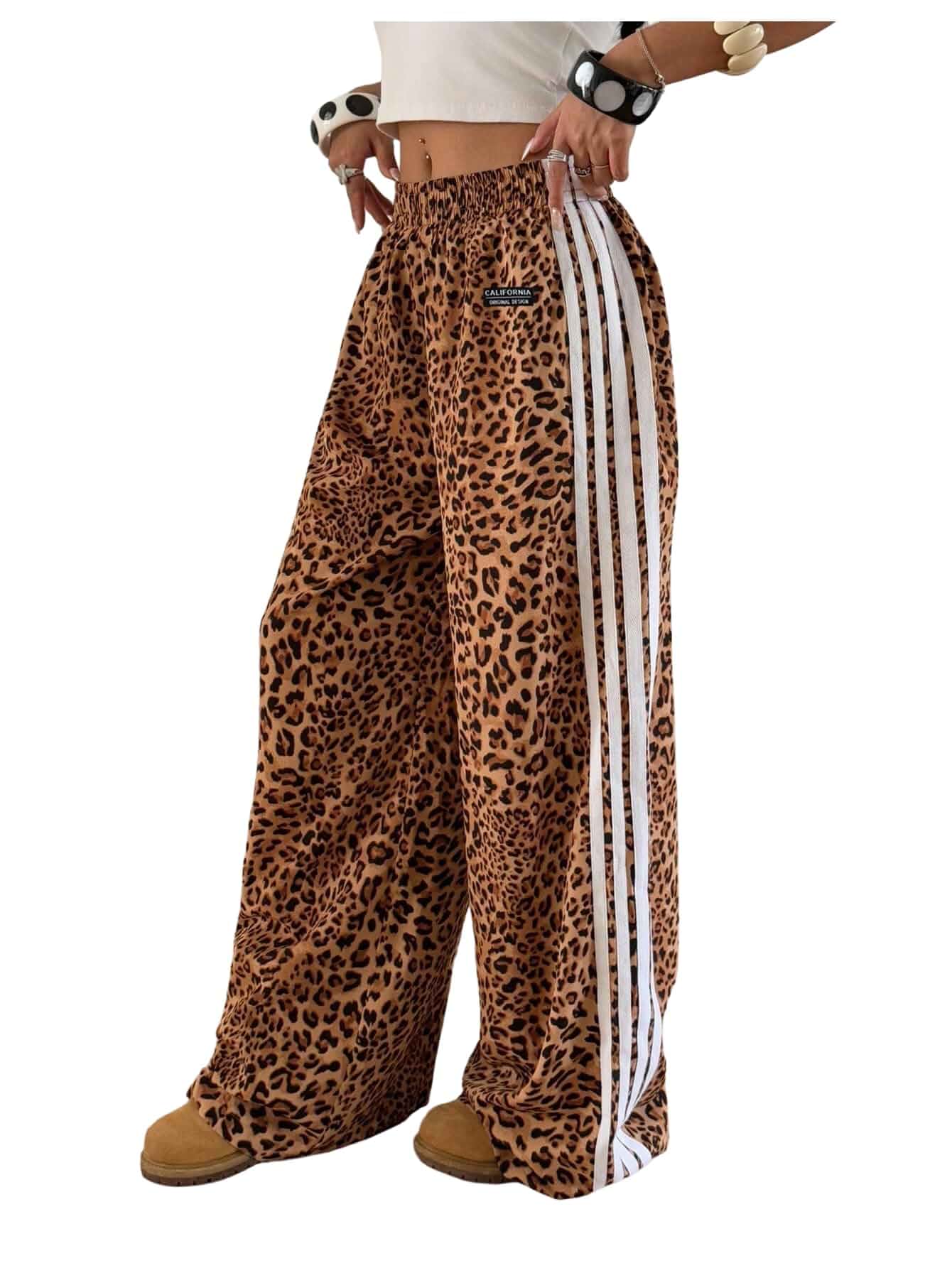 GORGLITTER Women's Leopard Cheetah Print Pants Wide Leg Baggy Sweatpants Elastic High Waisted Sweats, Animal Print Straight Leg Pants, Side Striped Lightweight Joggers