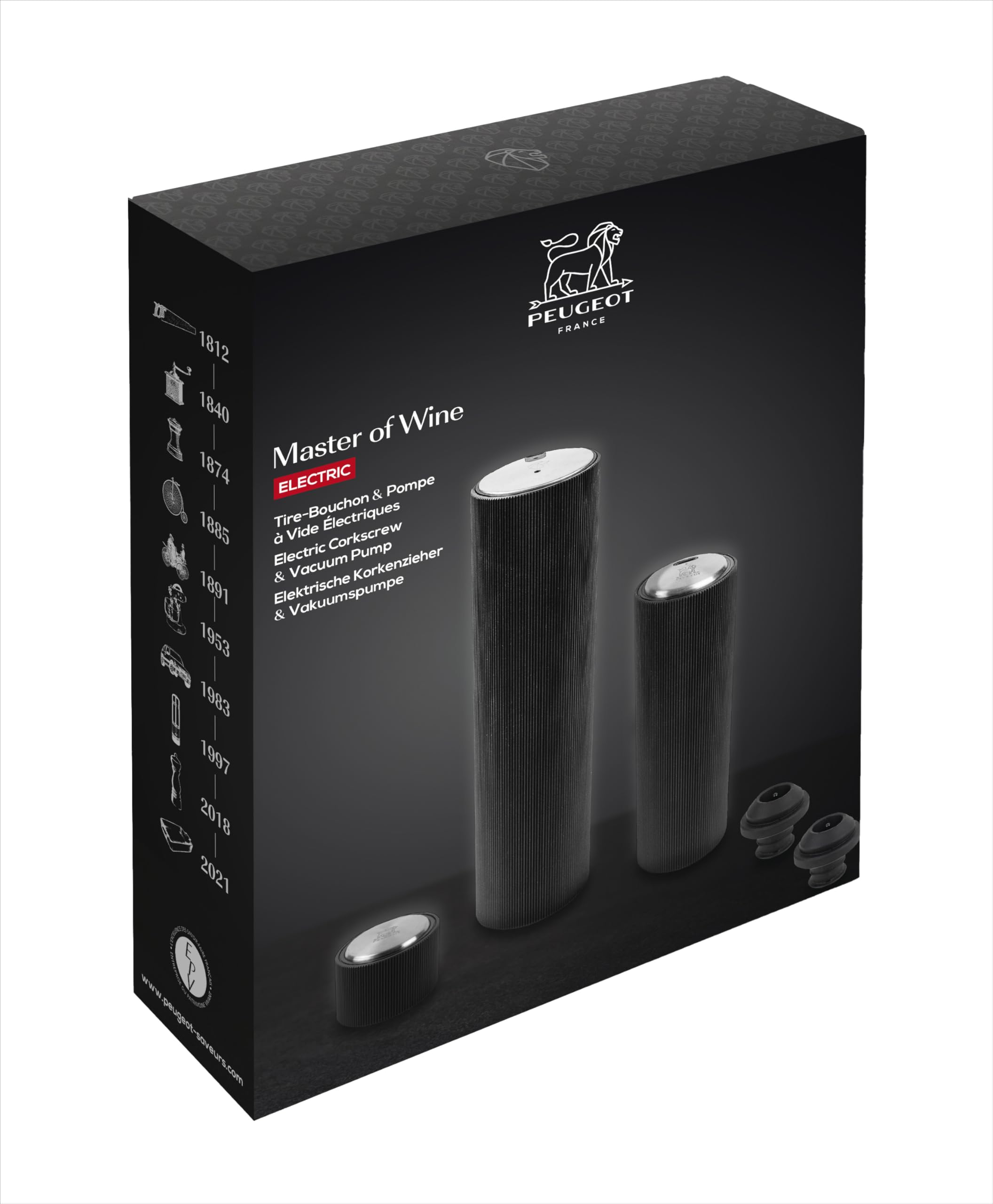 PEUGEOT - Geschenkset Korkenzieher Line Reverse + Vakuumpumpe Preserve - Elektrisch, 100% automatisch - Lange Akkulaufzeit - Schnelle Aufladung - Geschenkidee für Weinliebhaber - Mattschwarz