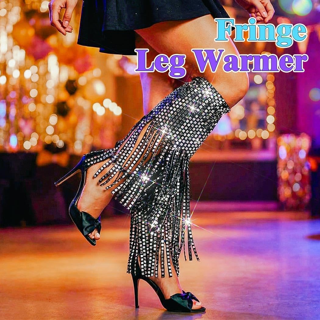 REETAN Sequin Fringe Boot Covers Fashion Rave Black Glitter Leg Warmers for Women