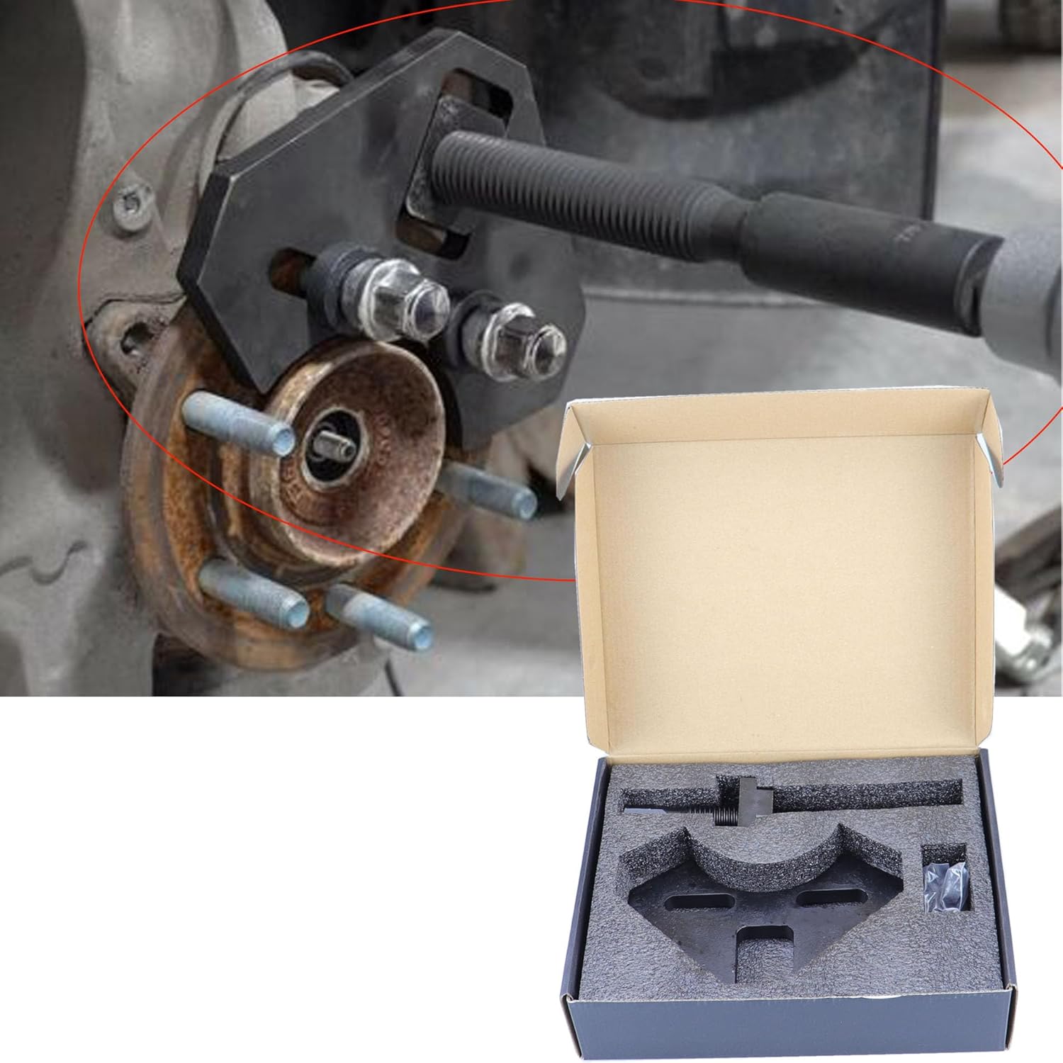 MOCW 40100 Wheel Hub Remover Tool in action with packaging