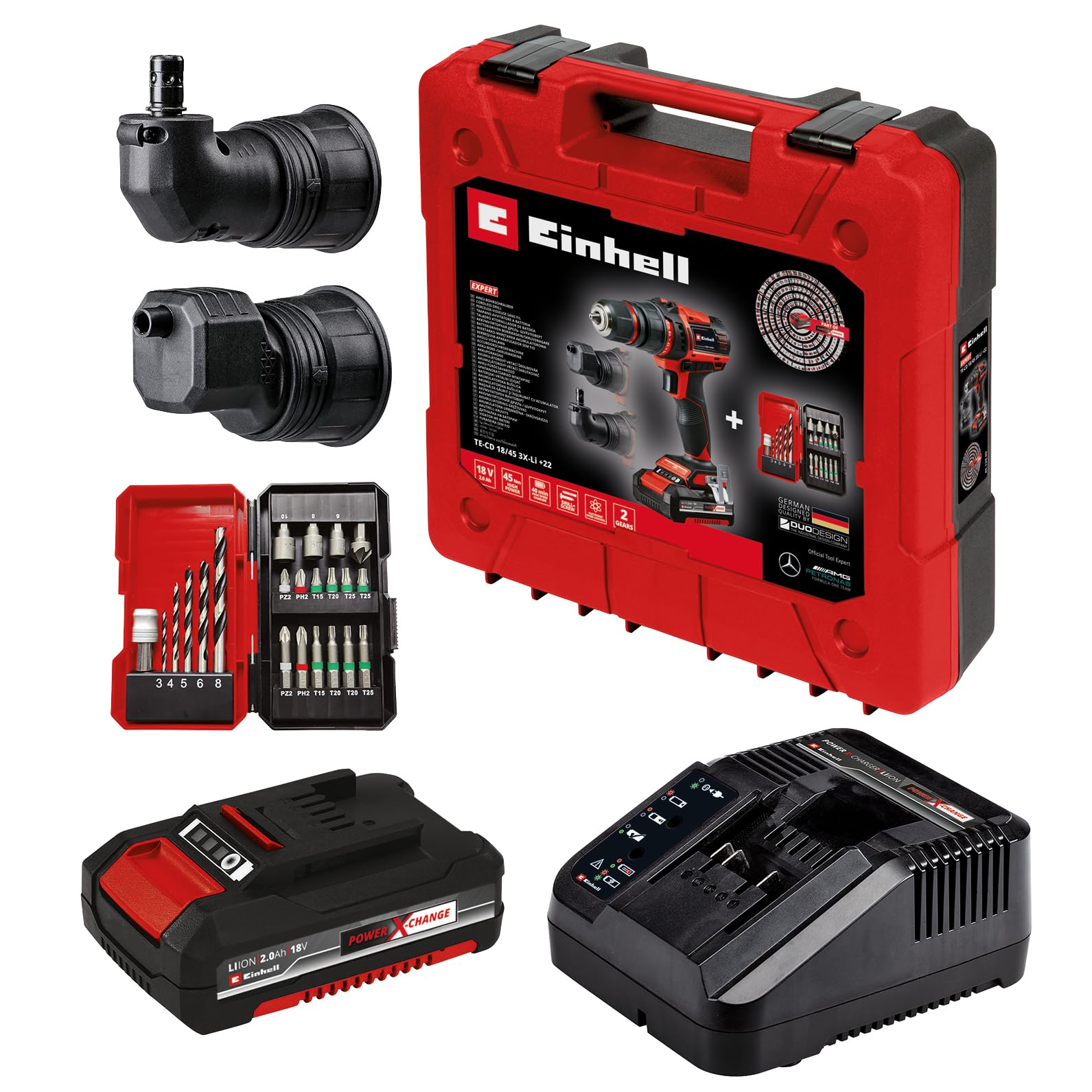 Einhell Wiertarko-wkrętarka akumulatorowa TE-CD 18/45 3X-Li +22 1x2,0 Ah PXC (zdejmowany uchwyt wiertarski, nasadka kątowa i mimośrodowa, 22 cz. zestaw bitów, akumulator 2,0 Ah, ładowarka + E-Box)