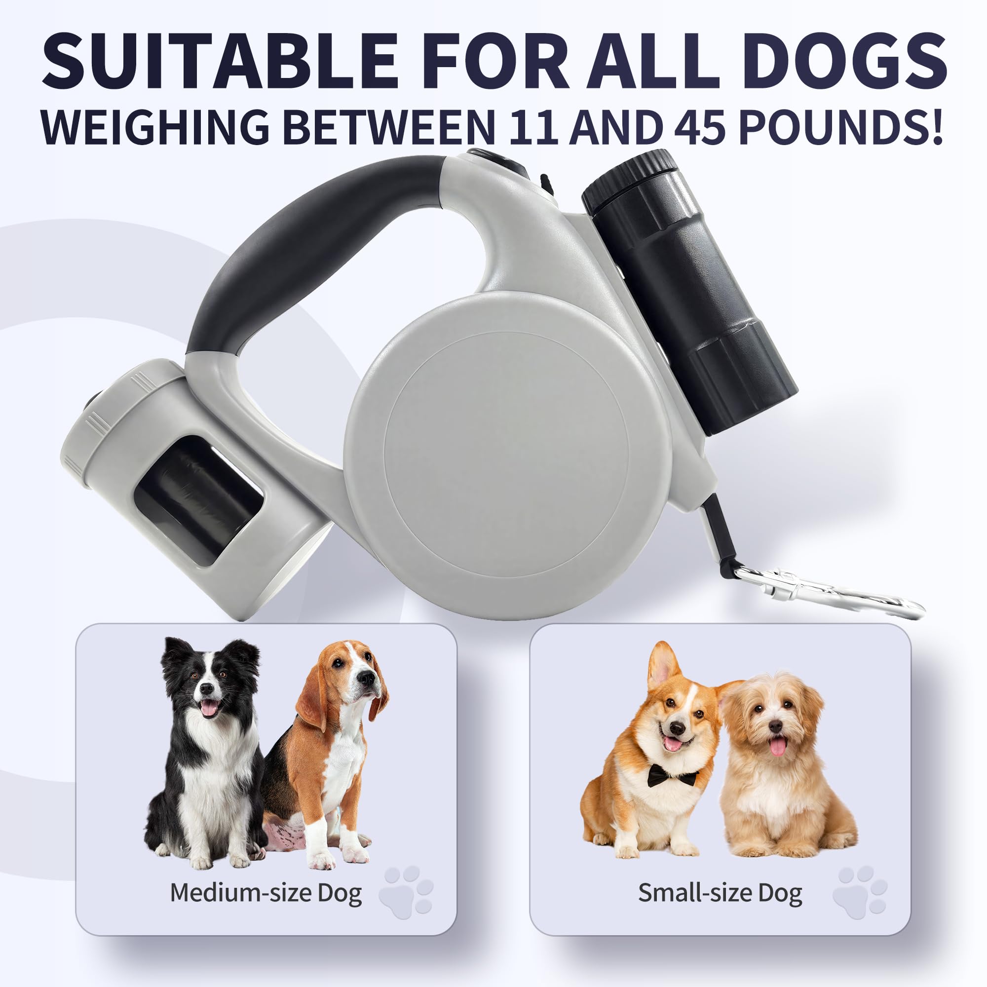 Laisse rétractable pour grand chien avec lampe de poche amovible et distributeur de sacs à déjections canines