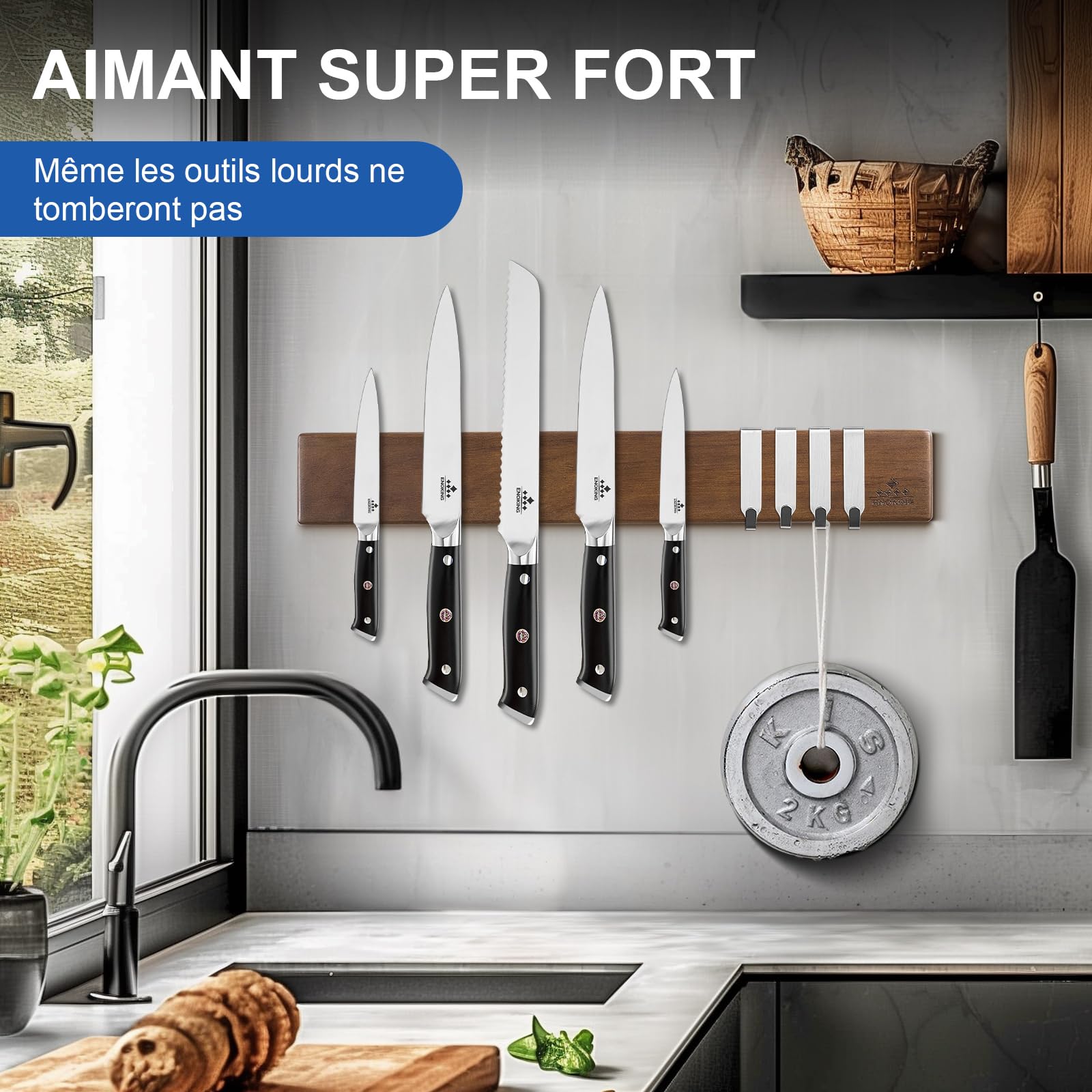 ENOKING Porte Couteaux Aimanté, Barre Aimantée Porte Couteaux de Cuisine avec 4 Crochets, 40cm Porte Couteaux de Cuisine Mural en Bois avec Aimant Extra Puissant pour range couteaux