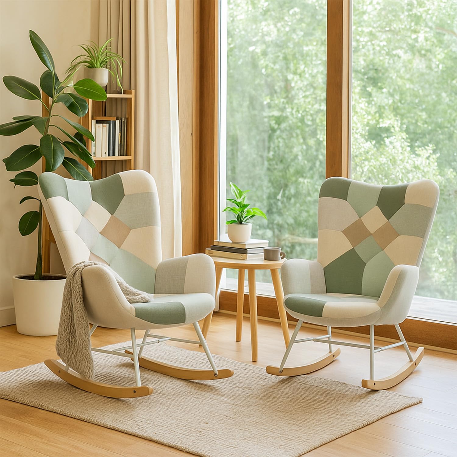 MEUBLE COSY Poltrona Relax, Sedia a Dondolo Confortevole in Tessuto Patchwork con Gambe in Legno e Metallo per Soggiorno, Decorazione con Bottoni