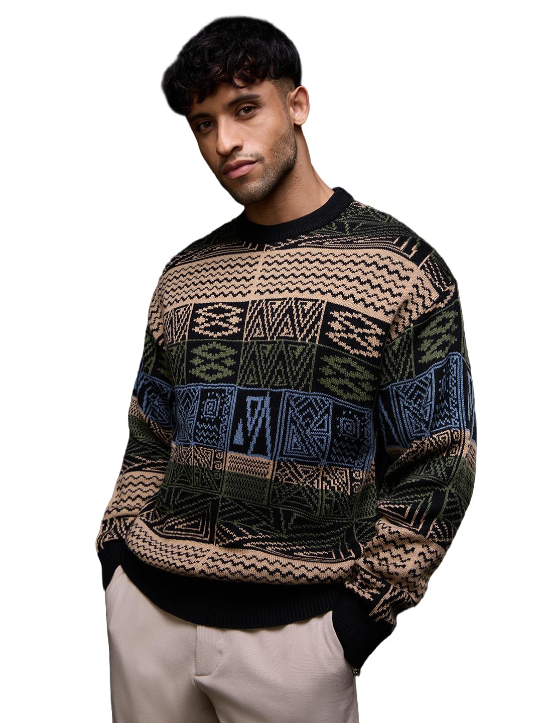 the souled store Tribe Lore Men and Boys Full Sleeves Round Neck Black Geometric Printed Acrylic Warm Winter Drop Shoulder Streetwear Trendy Oversized Pullover Sweaters-picture-10