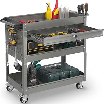 3-Tier Rolling Utility Cart, Metal Tool Cart on Wheels with Lockable-Gray | 330 lb. Load Capability Heavy Duty Tool Cart with Drawers, Mechanic Tool Cart for Garage, Warehouse, Repair Shop