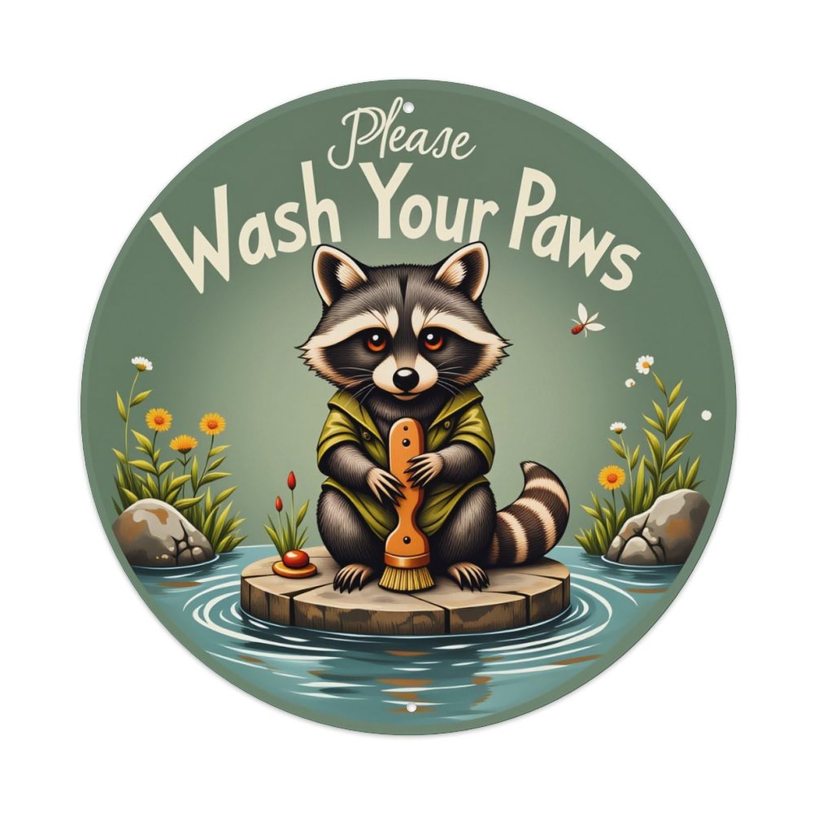 Raccoon Holding Brush Water Scene Vintage Metal Tin Sign Retro Wall Decor for Home Bar Garage Cafe, Indoor & Outdoor Decorative，circle Metal Poster, 8x8 Inch