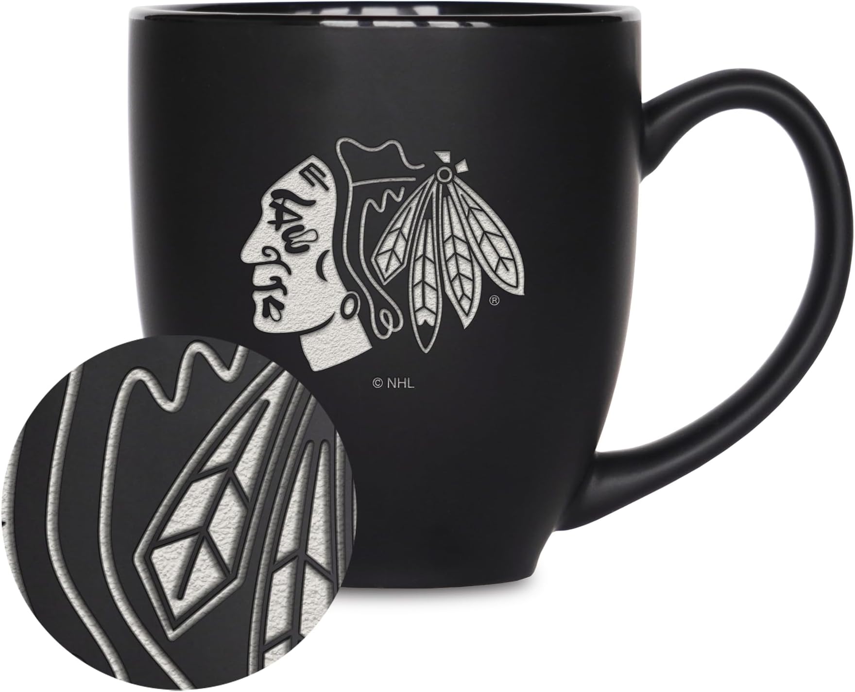 Rico Industries NHL Hockey Chicago Blackhawks 16oz Laser Engraved Matte Black Ceramic Bistro Mug - for Hot or Cold Drinks