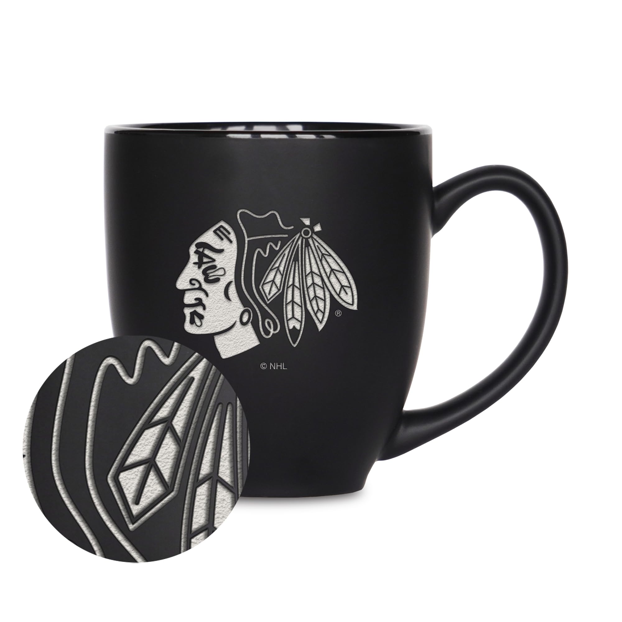 Rico Industries NHL Hockey Chicago Blackhawks 15oz Laser Engraved Matte Black Ceramic Bistro Mug - for Hot or Cold Drinks
