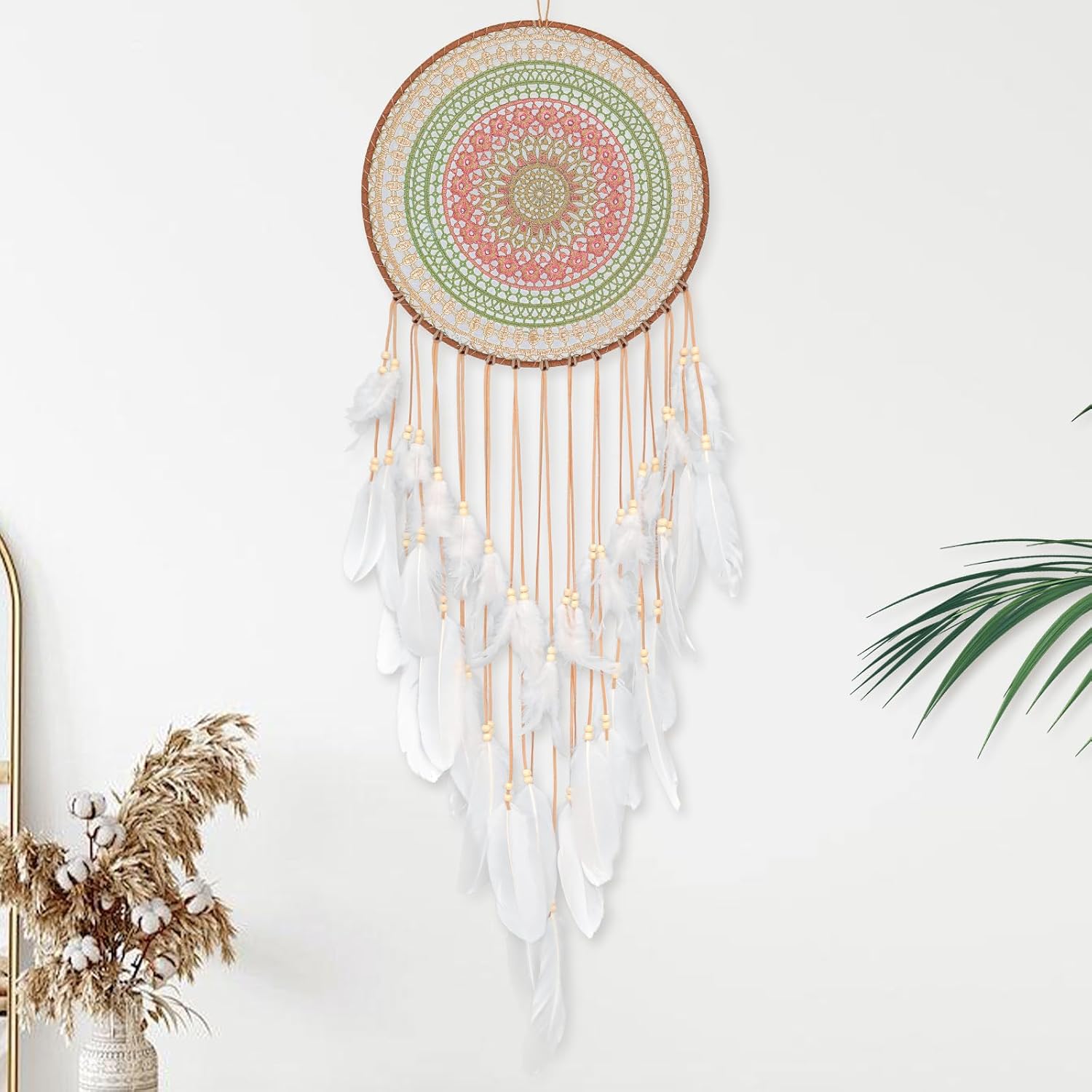 Large Dream Catchers Wall Hanging Decor, Boho Color Weaving with White Feather Tassel, Elegant Dream Catcher for Adults, Bedroom Living Room Dorm Ornament, Festival Blessing Gift (White)