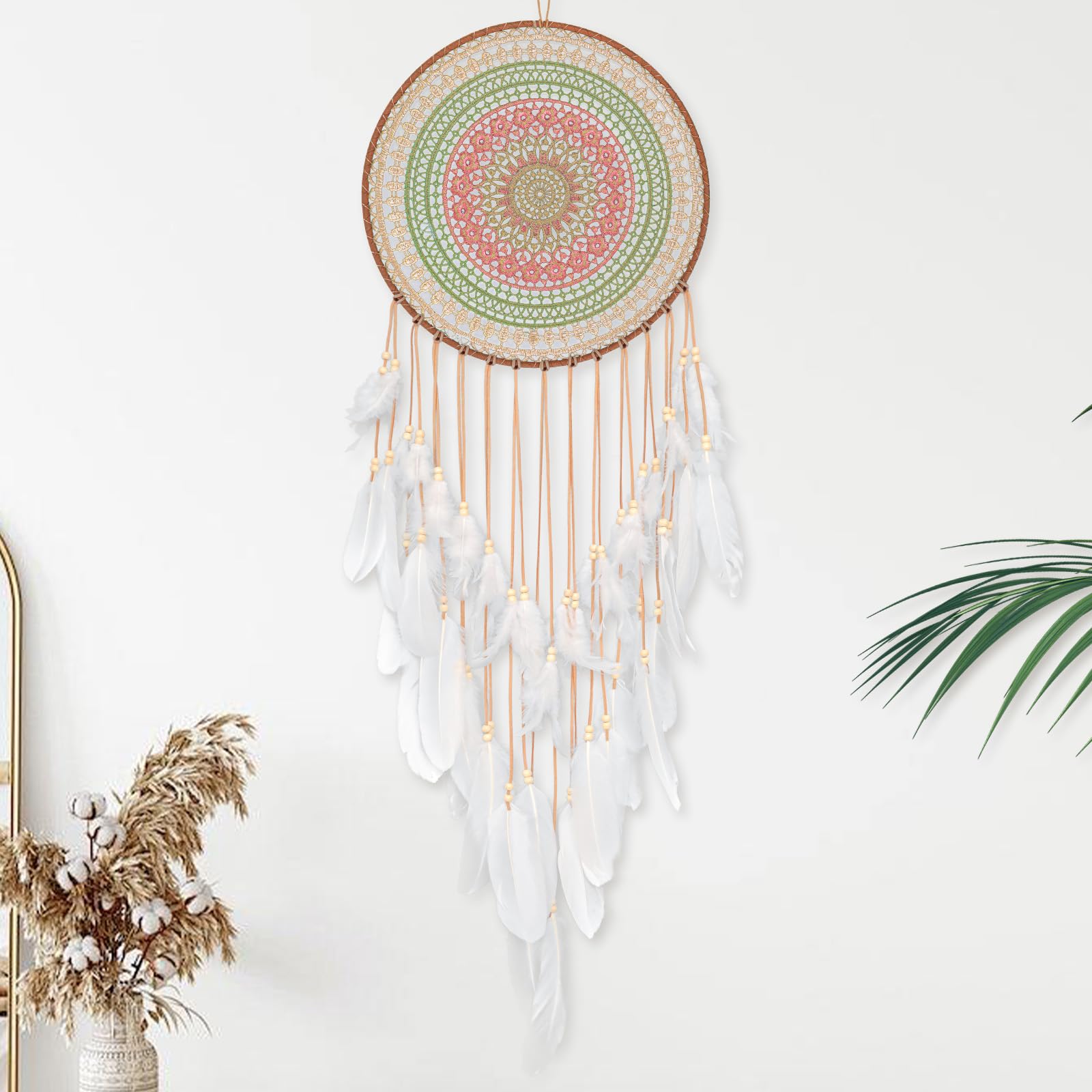 Large Dream Catchers Wall Hanging Decor, Boho Color Weaving with White Feather Tassel, Elegant Dream catcher for Adults, Bedroom Living Room Dorm Ornament, Festival Blessing Gift