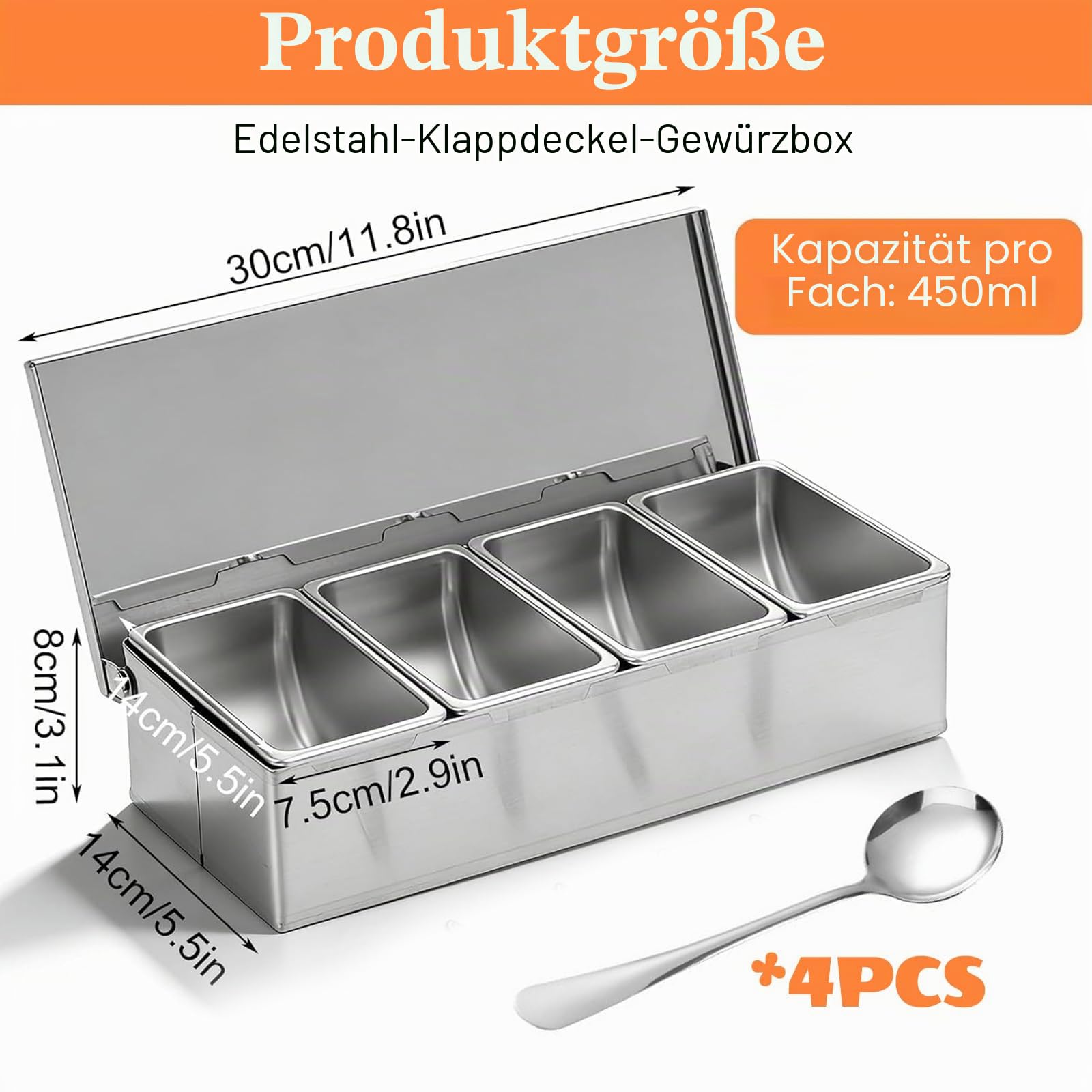 Zutatenbehälter Edelstahl, Pizza Zutatenbehälter, Gekühlter Gewürzbehälter mit Deckel und Löffel, Gewürzbox Beilagenbehälter, 4 Gitterx450ml Edelstahl Behälter für Buffet Salatbar Gastro PizzaStation