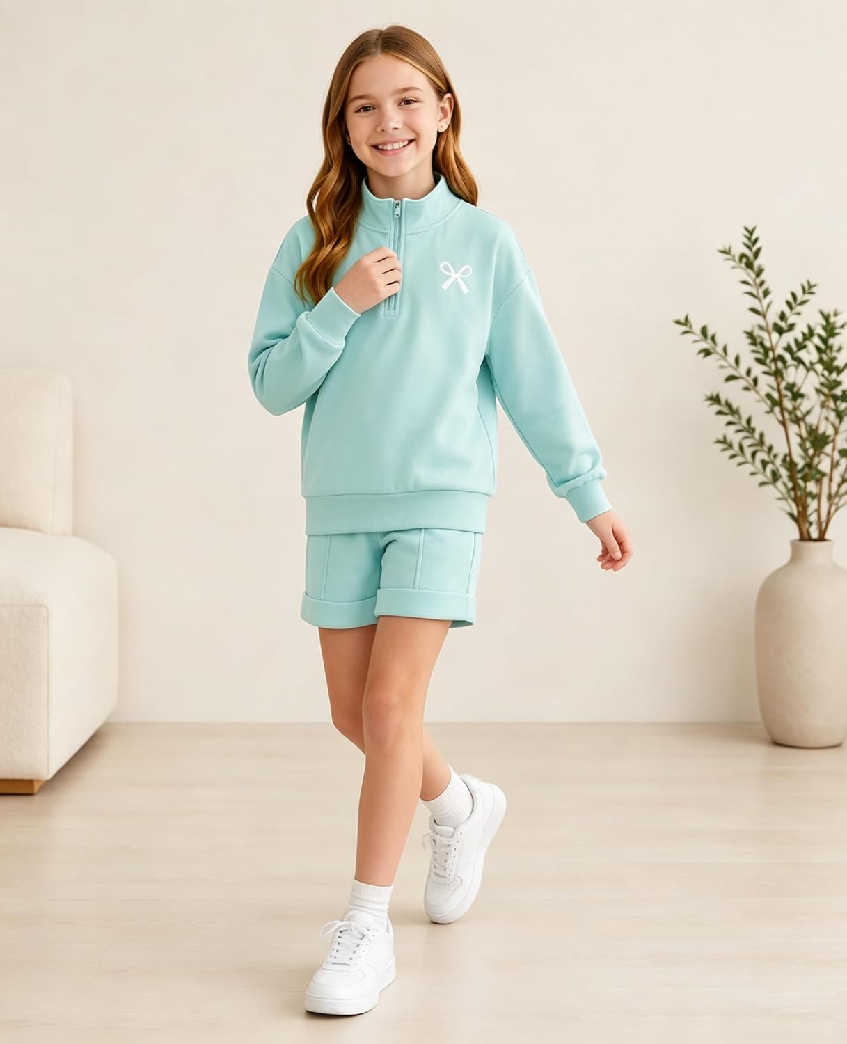 Girls 2PC Outfit Bow Print Half Zip Sweatshirt & Shorts Tracksuit 9-16Y