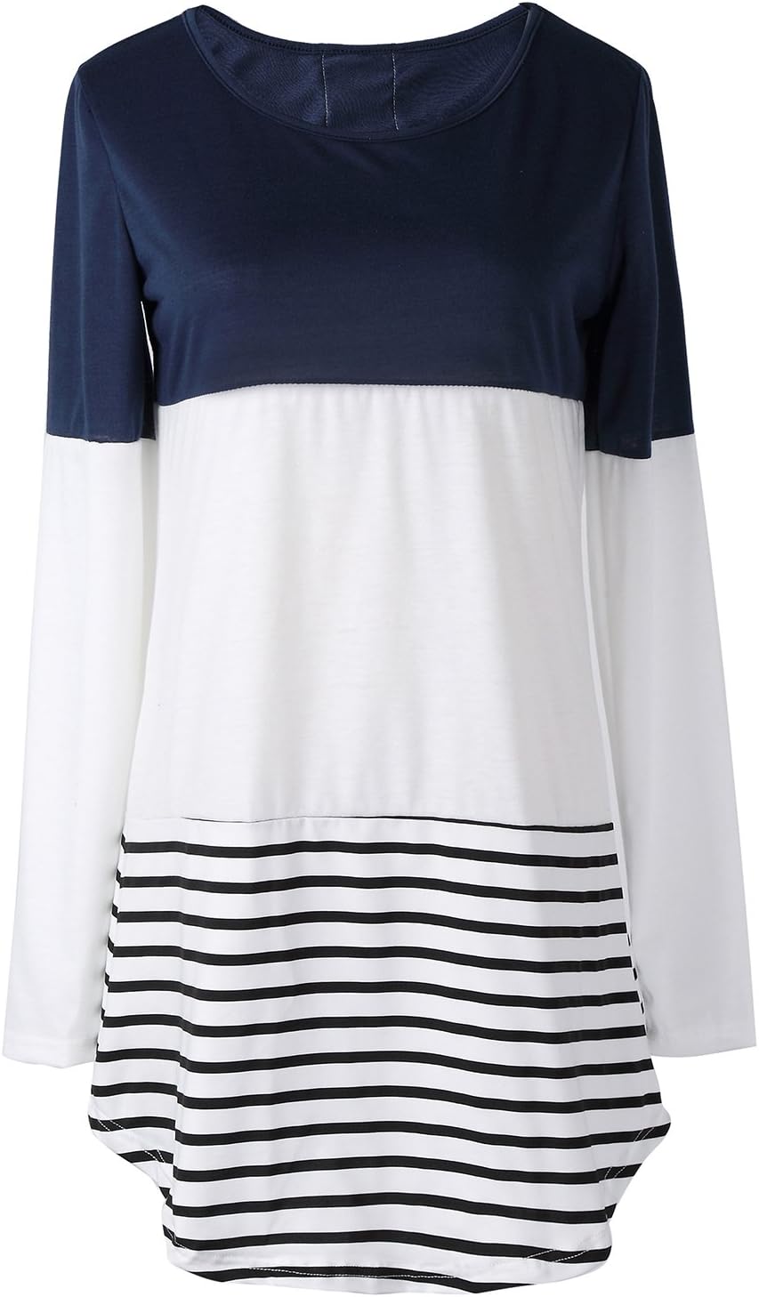 Kingdilor Women's Back Lace Color Block Tops Long Sleeve T-shirts Blouses (S, Blue)
