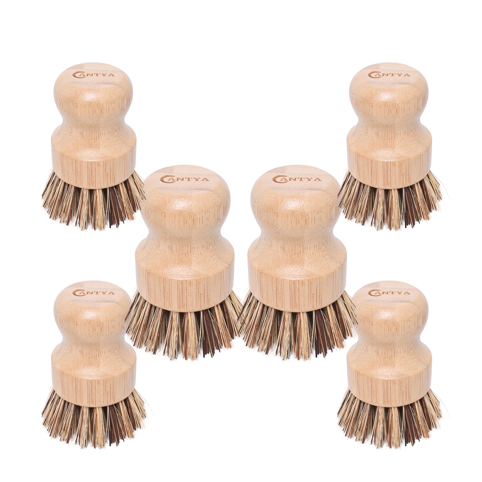 6 Packs Bamboo Dish Scrubber - Hard Bristle Natural Bristle Brush Union Fiber and Tampico Fiber Bamboo Dish Brush for Washing Cast Iron Pan/Pot
