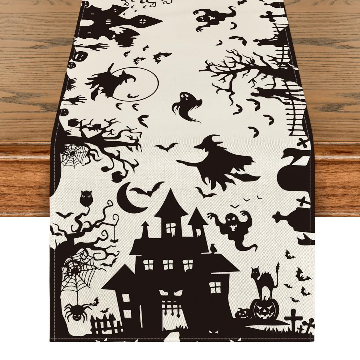 Artoid Mode Black White Spooky Haunted House Tree Ghost Witch Halloween Table Runner, Fall Kitchen Dining Table Decoration for Home Party Decor 13x72 Inch image_0