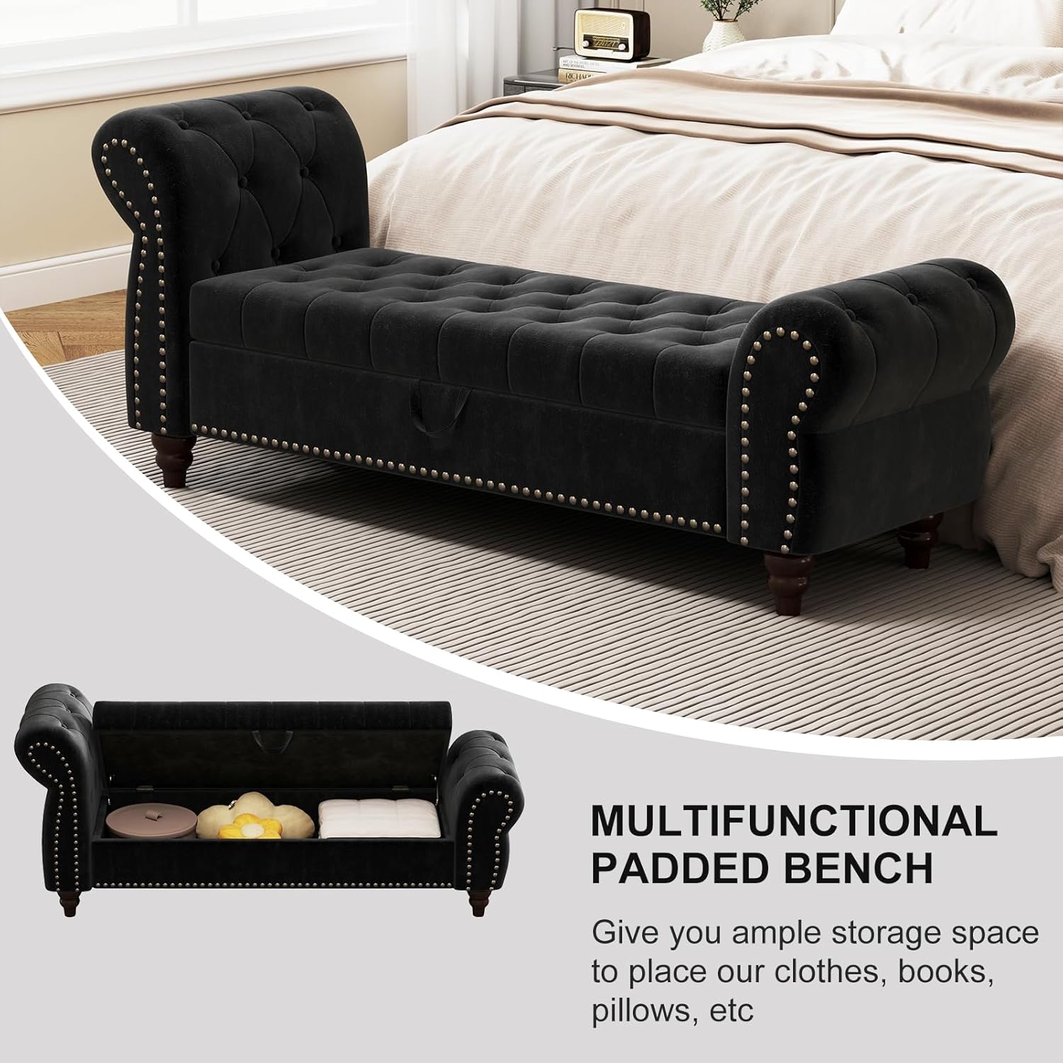 NIOIIKIT 64'' Velvet Upholstered Storage Ottoman Bench, Retro Modern Style with Rolled Armrest, Tufted End, Nailhead Trim, Black