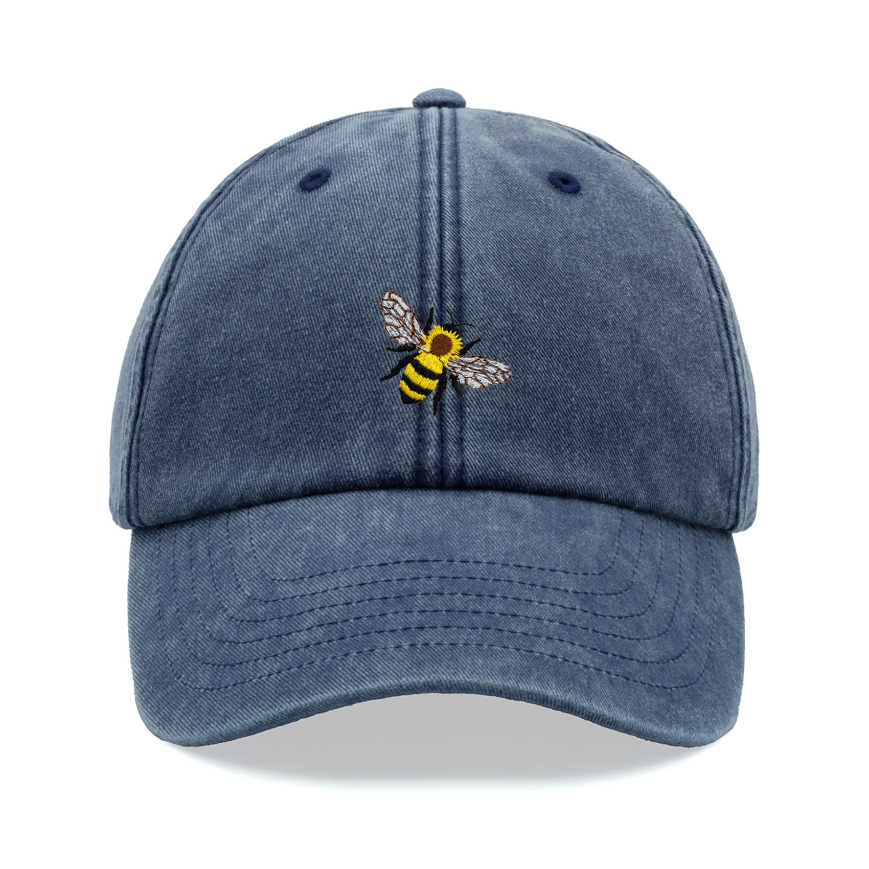 Honey Bee Baseball Cap Vintage Washed Unisex Dad Hat Adjustable Blue Denim