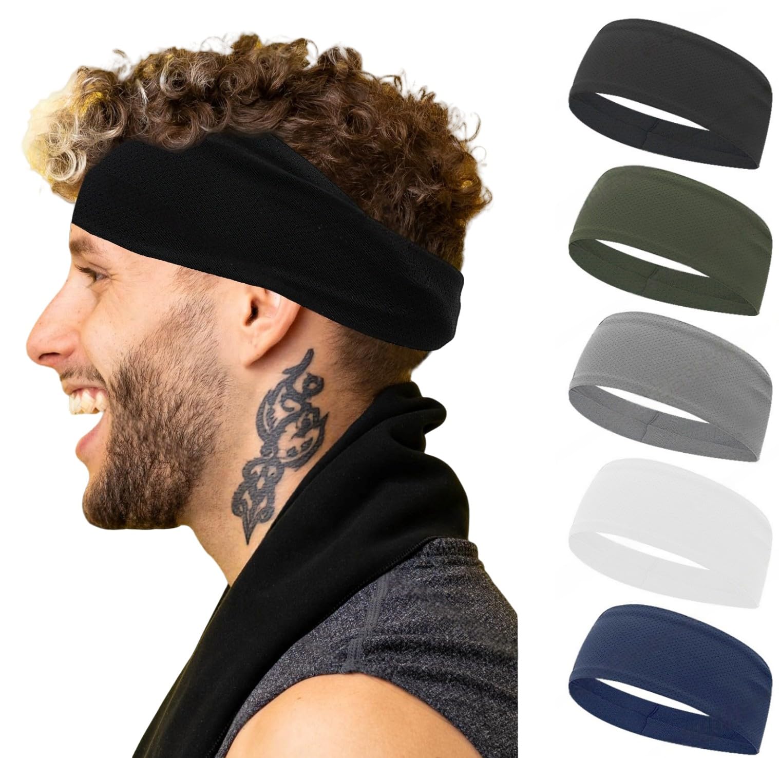 Sport Sweatbands for Men,Breathable Mesh Elastic Fabric Mens Headband Sweat Wicking Double-Layer Hairbands for Running,Cycling, Basketball (Black, White, Gray, Blue, Military Green, Wine red)-image-27