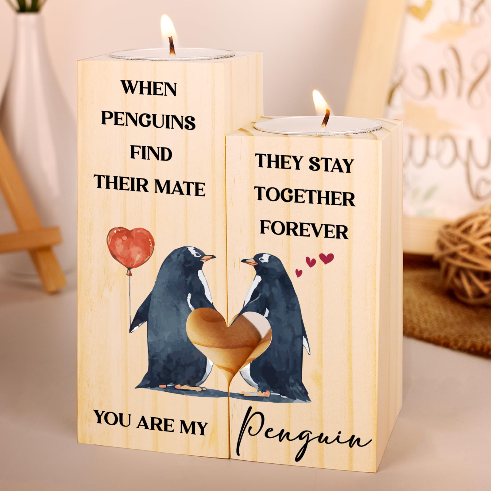 Anniversary Penguin Gifts for Her Him, Valentine's Day Candle Holder, Wedding Present for Couple, Romantic Birthday Gift for Girlfriend, Boyfriend, Wife, Husband