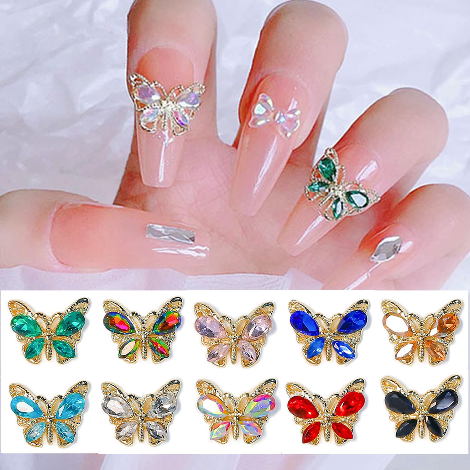 Vezocim Metal Gold Butterfly Nail Art Rhinestone, Glitter Butterflies Diamond Gems Designs, 3D Luxury Alloy Butterfly Nail Jewelry Acrylic Nails