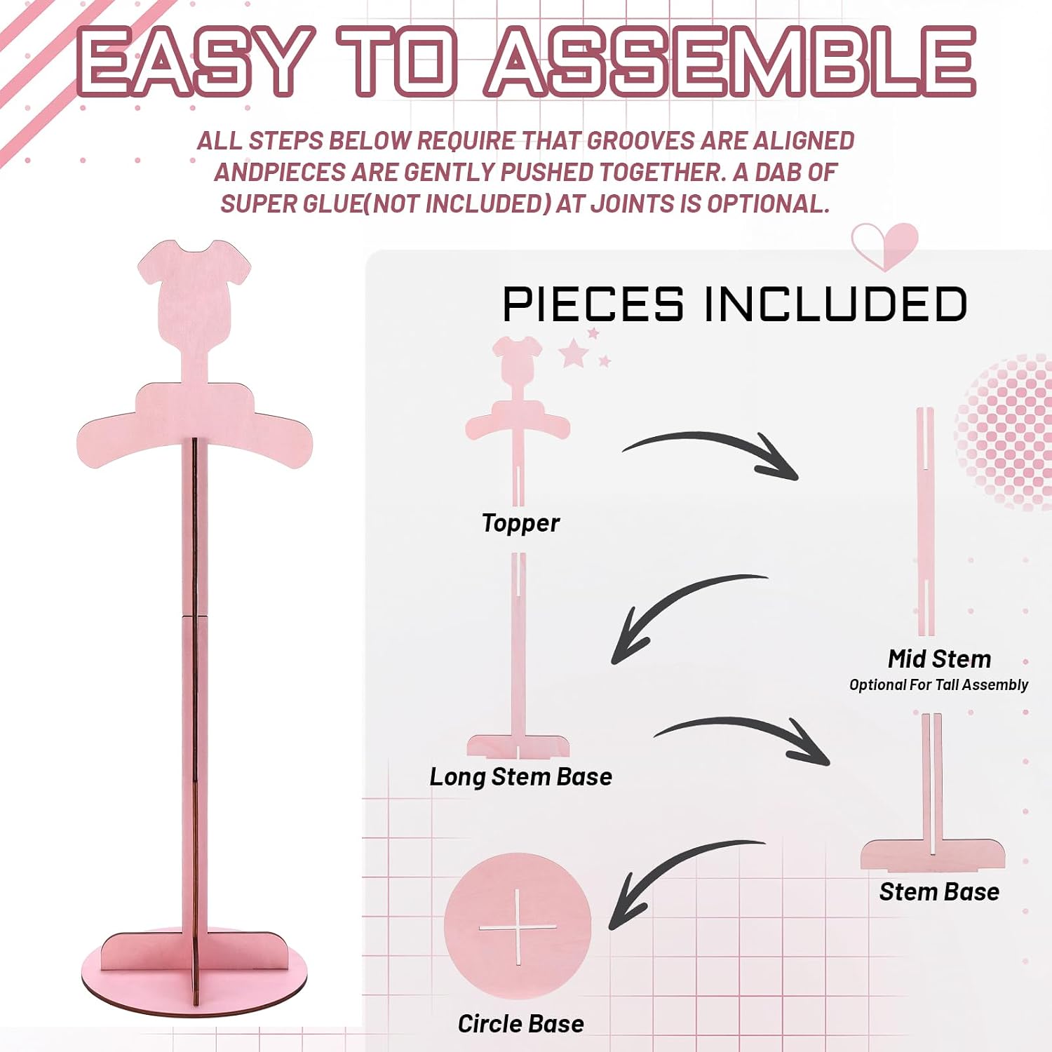 Xuhal Baby Shower Clothes Display Stand Pink Wooden Baby Clothing Rack Adjustable Height 20.47-26.38" Bodysuit Outfit Hanger for Girl Gender Reveal Table Centerpiece Birthday Party Supplies Decoration