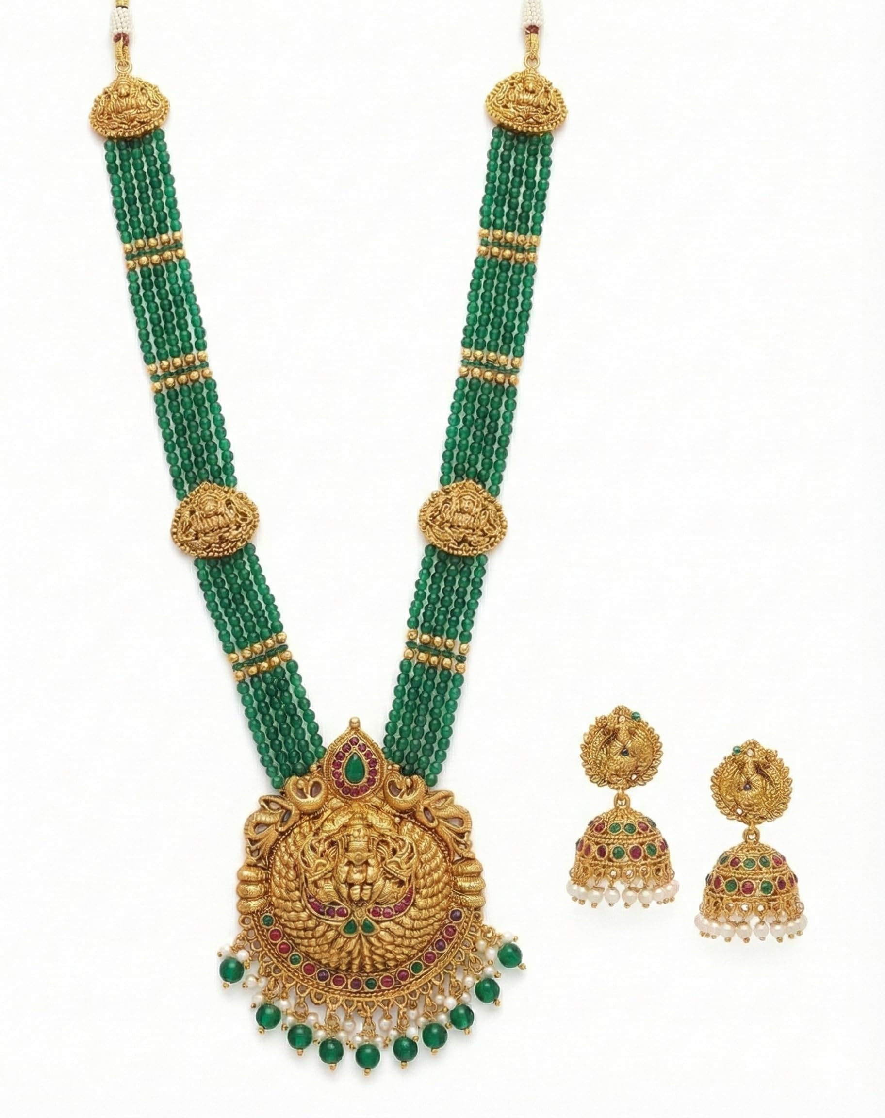 Traditional Temple Jewellery Set for Women | Antique Gold Plated Long Necklace with Goddess Lakshmi Pendant & Matching Earrings | Multi-Strand Green Beaded Bridal Ethnic Set | South Indian Jewellery | Laxmi Jewellery