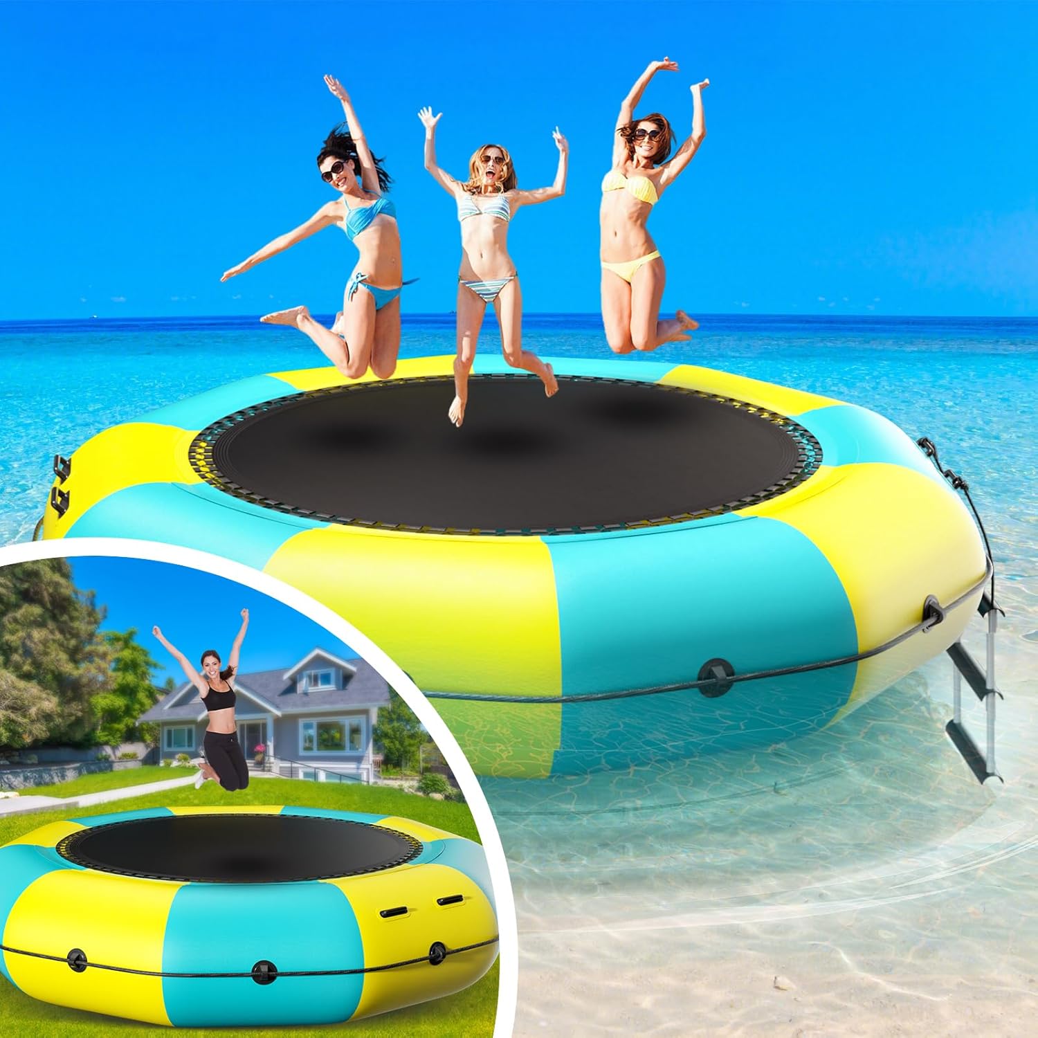 6FT/10FT12FT/15FT Inflatable Water Trampoline, Recreational Water Bouncer, Adults Youth Floating Rebounder with 4-Step Ladder, Portable Bounce Swim Platform for Pool, Lake, Water Sports