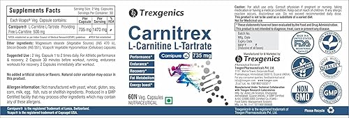 Miniatura 2 de A.K. Trexgenics CARNITREX 735 - CARNIPURE (Lonza, Suiza) L-Carnitina L-Tartrato 735 mg, Fórmula avanzada para el metabolismo de grasas, energía,