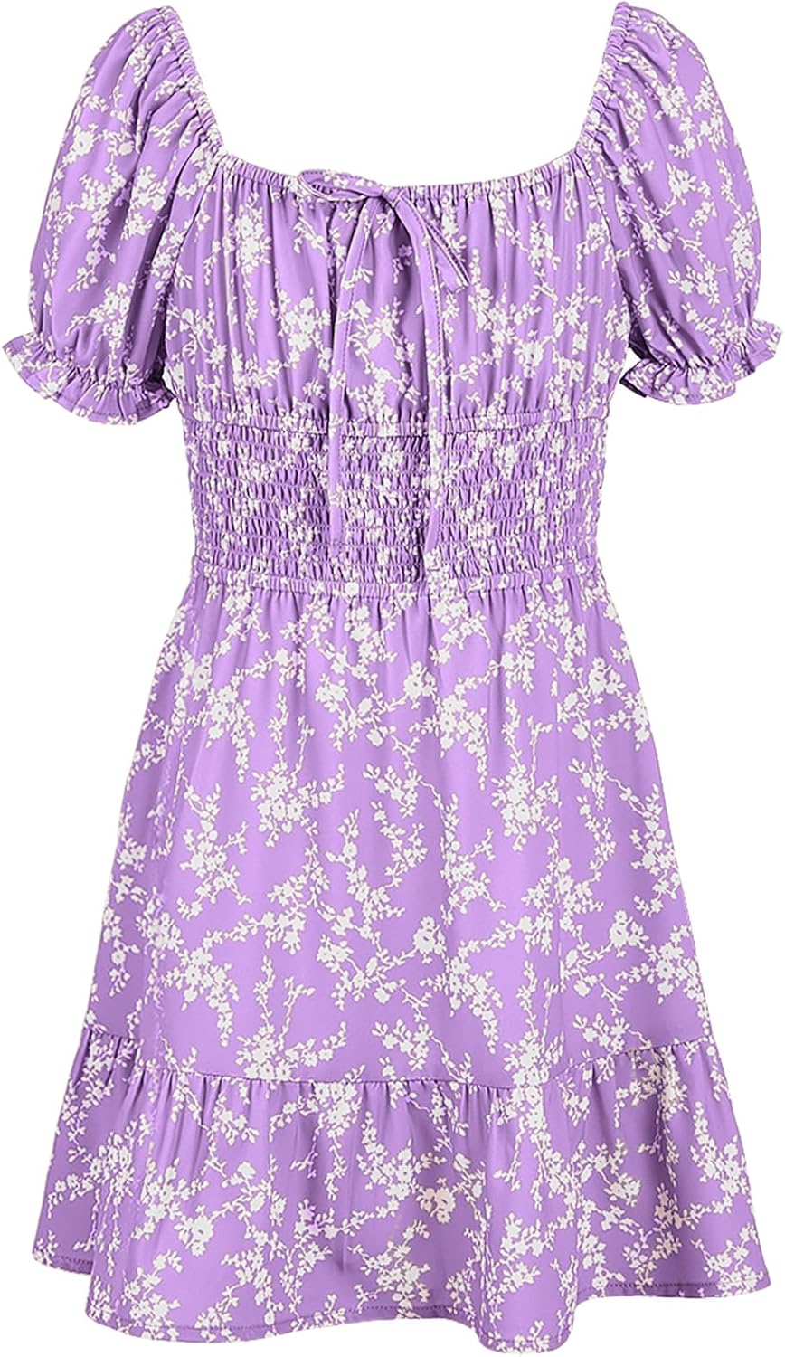 Goranbon Girls' Summer Floral Dress Kids 2025 Puff Sleeve Square Neck Smocked Flowy Sun Dresses - Image 4