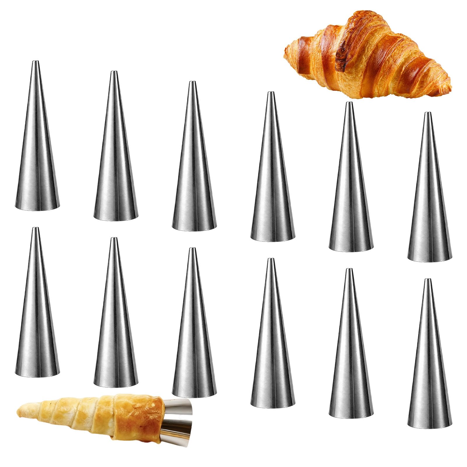 12 Pcs Cream Horn Molds Non Stick Stainless Steel Cannoli Cream Roll.Cannoli Moulds Tubes,Forms for Baking Croissants Bread,Chocolate Croissant,Brioche Rolls,Ice Cream Cone Party Dessert (Cone)