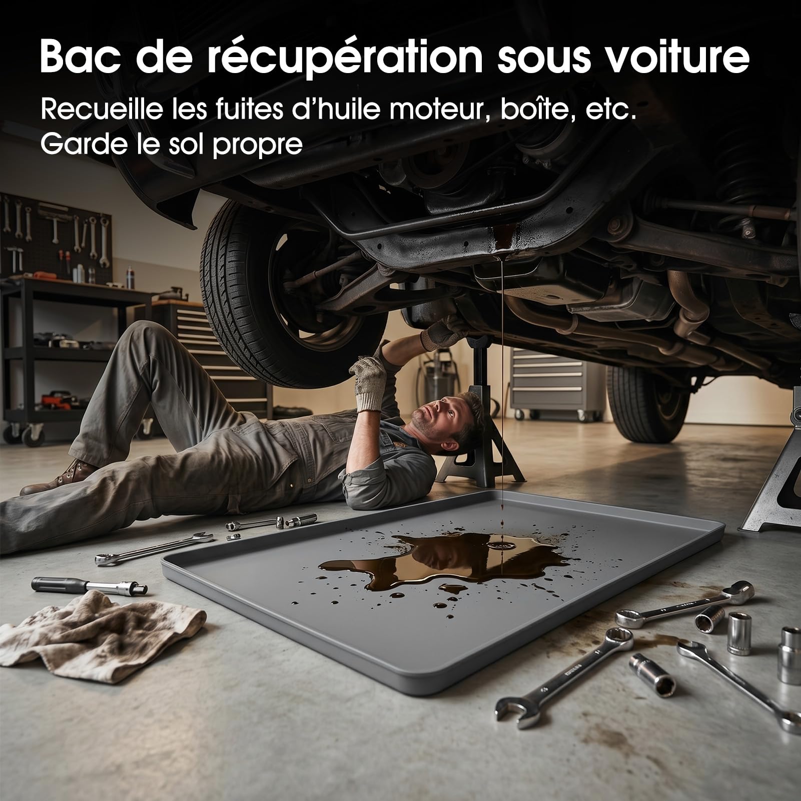 Bac de Récupération D'huile en Silicone 86 X 56 Cm, Pliable, Flexible, Résistant aux Fissures, Anti-Fuite, Multi-usages, Garage, Atelier, Voyage, Voiture, Réparation, Tapis de (Gris Plat)