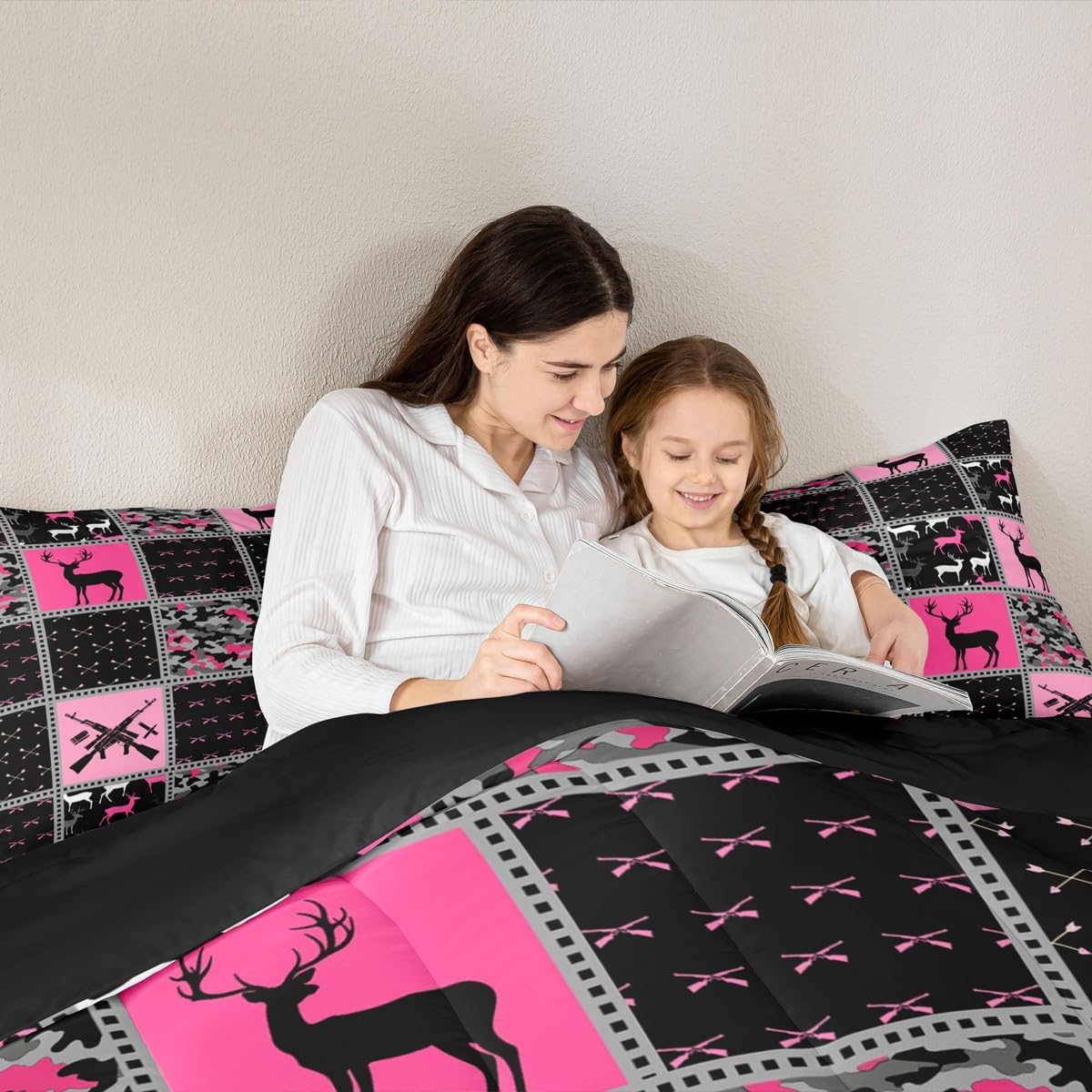 Feelyou Twin Size Cute Deer Bedding Set Boys Girls Deer Hunting Camo Comforter Set for Kids Women Men Ultra Soft Antlers Western Farmhouse Comforter Pink Black Duvet Set Room Decor Quilt Set - Image 6