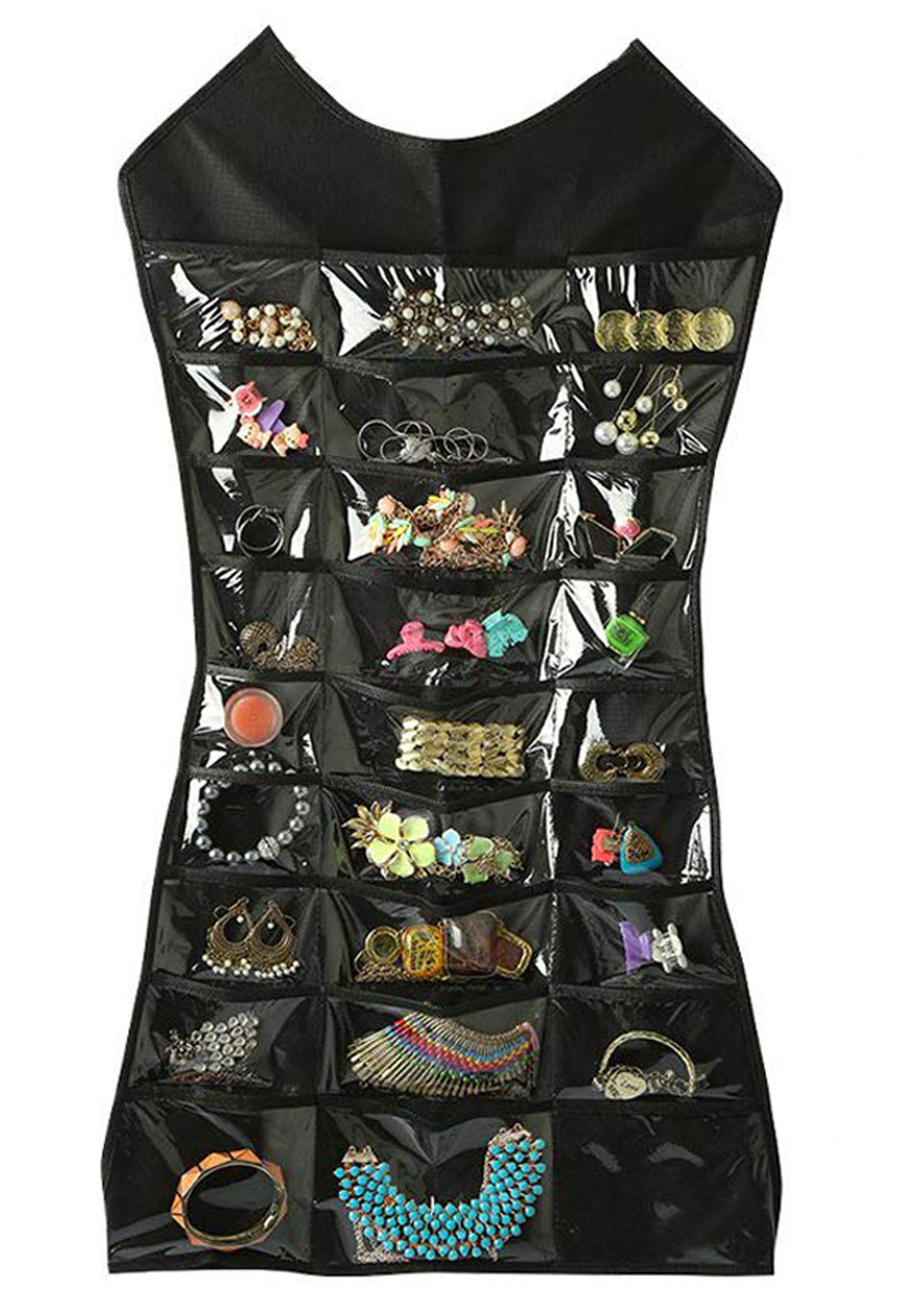 Fabric Double Sided Dress Style Hanging Organizer for Jewellery and Makeup Accessories Organizer for Necklaces, Chains, Earrings, Watch, Pendants & Cosmetics (Black) -Ctktc034754
