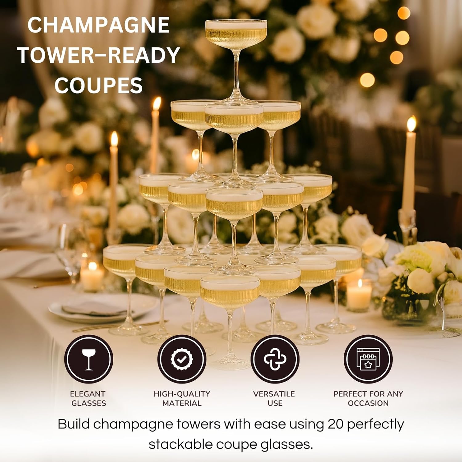 Glass Champagne Tower Set of 20 Crystal Coupes – 7oz Clear Stackable Coupe Glasses for Building Champagne Fountains at Weddings, Parties, Events, & Celebrations – Elegant Toasting Cups for Displays