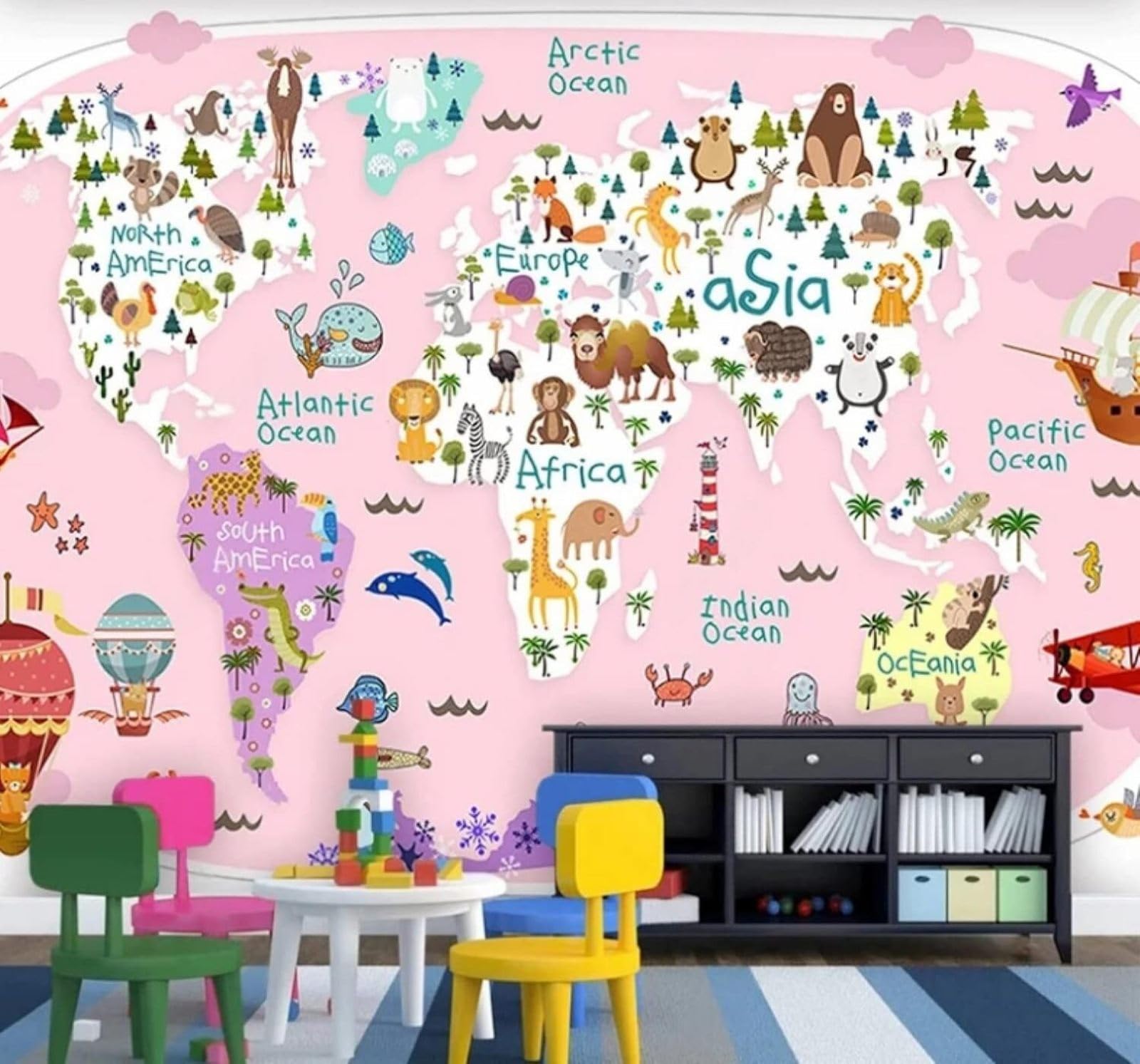 Xlming 400Cm×280Cm(B×H) Cartoon Pink World Map Animals Aeroplane 3D Wallpaper Luxury Home Dining Decor Paste Sofa Living Room The Wall For Bedroom Mural-400Cm×280Cm
