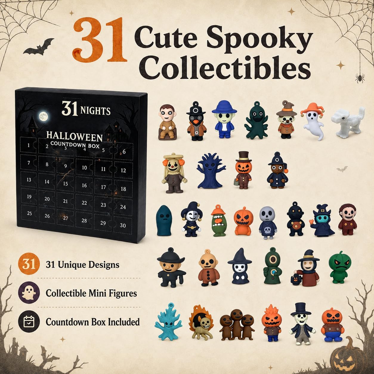 Halloween Advent Calendar 2026, 31-Day Countdown Box with 31 Mini Spooky Figurines, Surprise Box Collectible Horror Figures for Adults and Teens Gift,Boo Basket Stuffers Party Favors Decor
