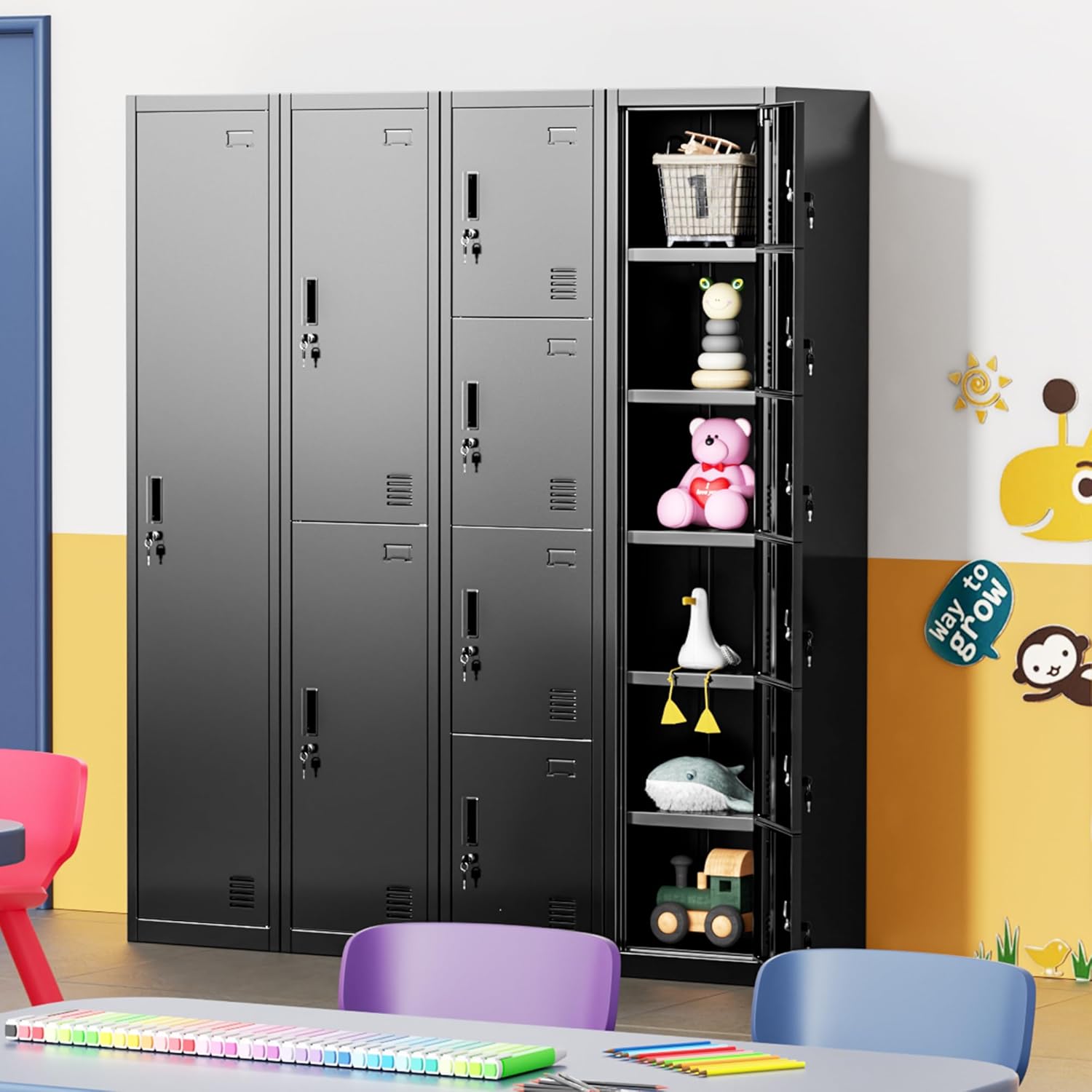 Examples of items stored in the locker compartments, including hardware tools, clothes, shoes, school supplies, and sports supplies