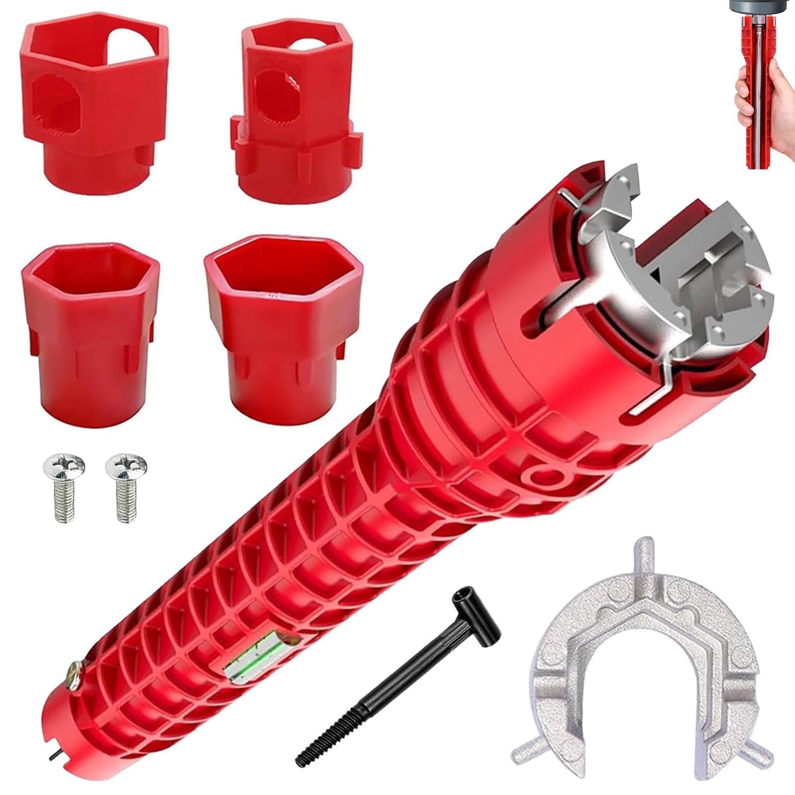 Llave para Grifos 14 en 1, Llave de Fregadero Antideslizante con Carcasa de Plástico ABS Rojo, Herramienta Fontanería Multifunción para Fregadero con Adaptadores, Para Inodoro, Baño, Cocina