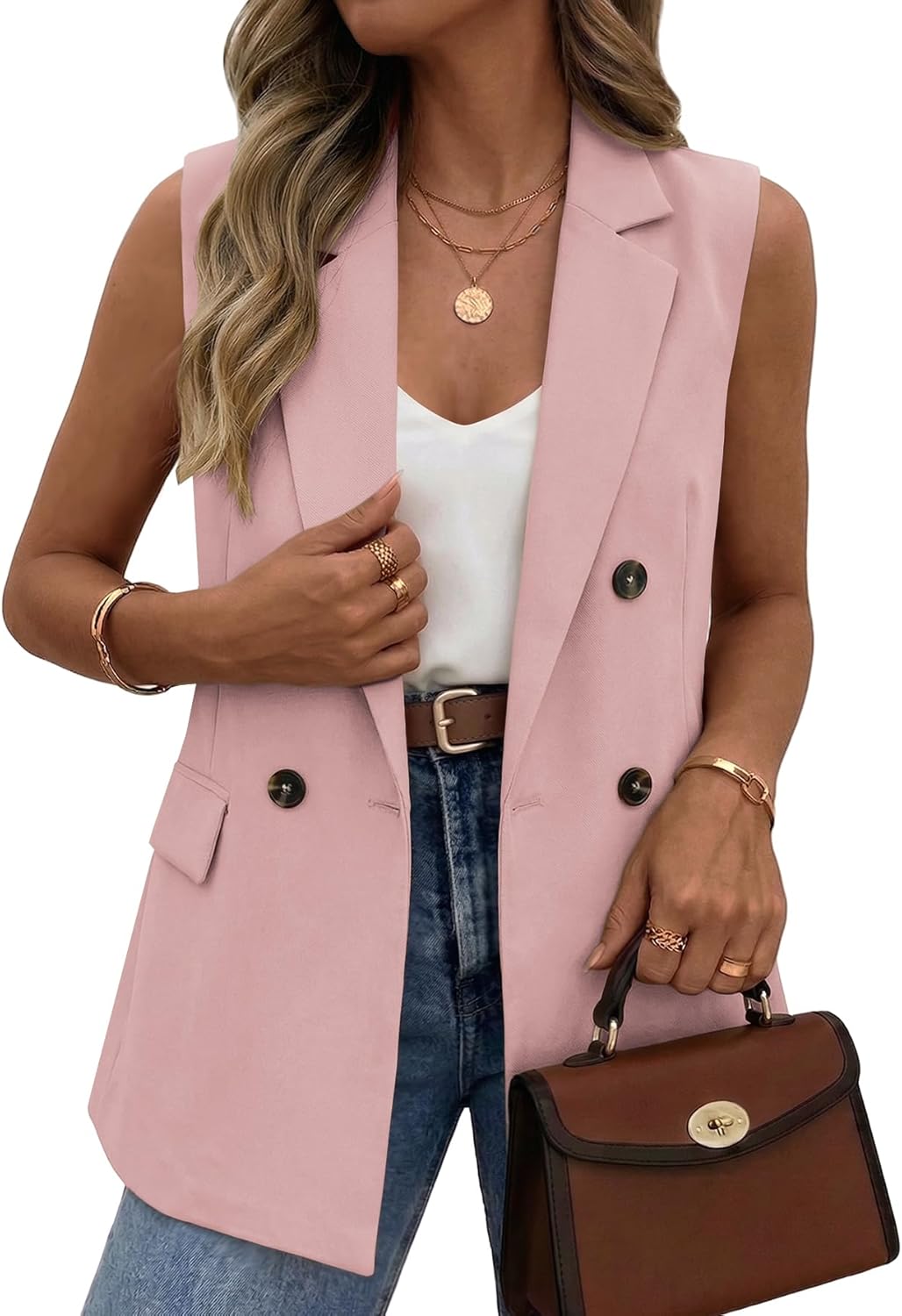Mina Self 2026 Summer Women's Sleeveless Vest Blazer - Lightweight Loose Fully-Lined Fashion Casual Work Top with Pockets