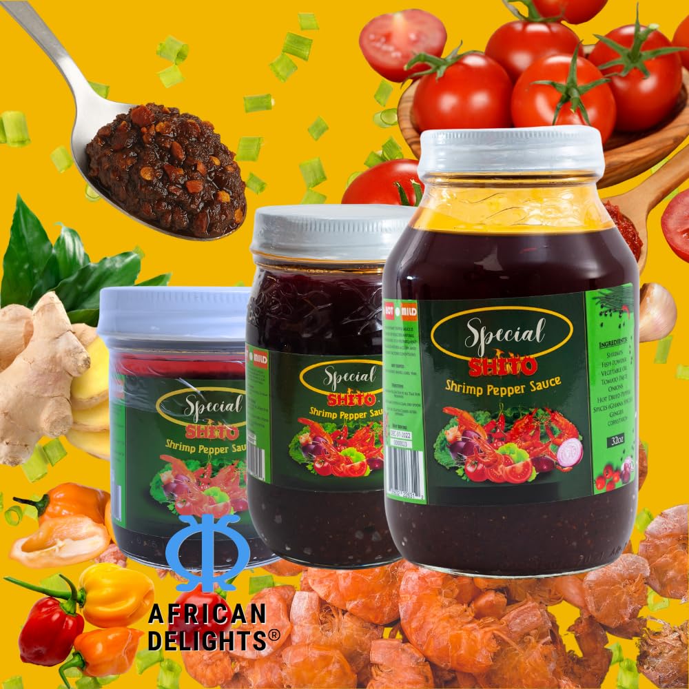African Delights Julie's Special Shito,Ghana Shito with Fish Sauce & Spices,Premium Blend with Fish Paste, Shrimp Paste, and Hot Dried Pepper (32oz Hot)