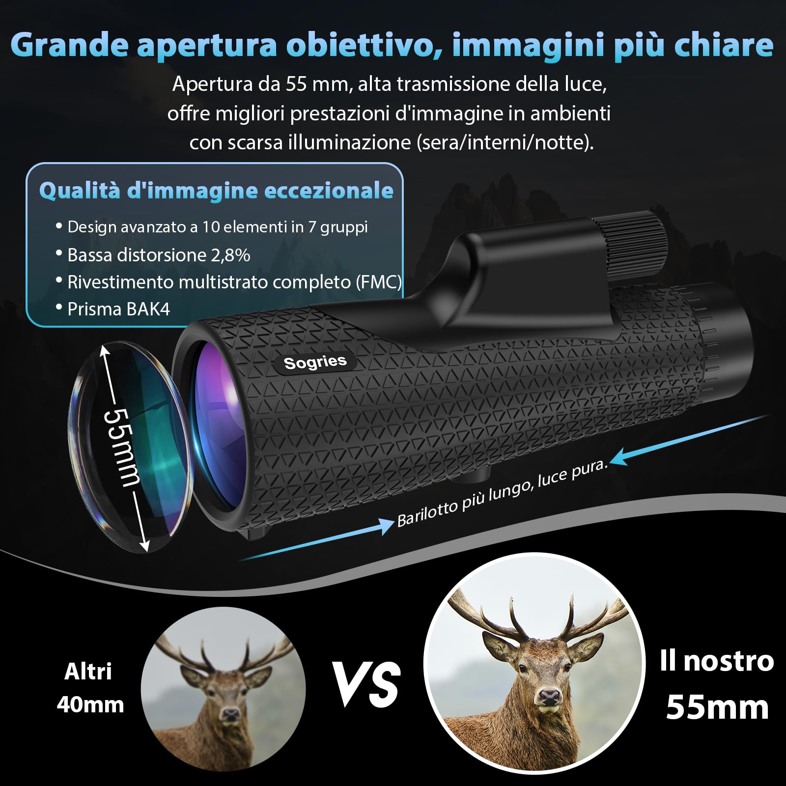 Sogries Monocolo 15x55 con Treppiede e Adattatore Smartphone | Prisma BAK4 e lenti FMC | Obiettivo 55 mm luminoso | Rotazione 360° | Design antiscivolo | Cinturino da polso incluso