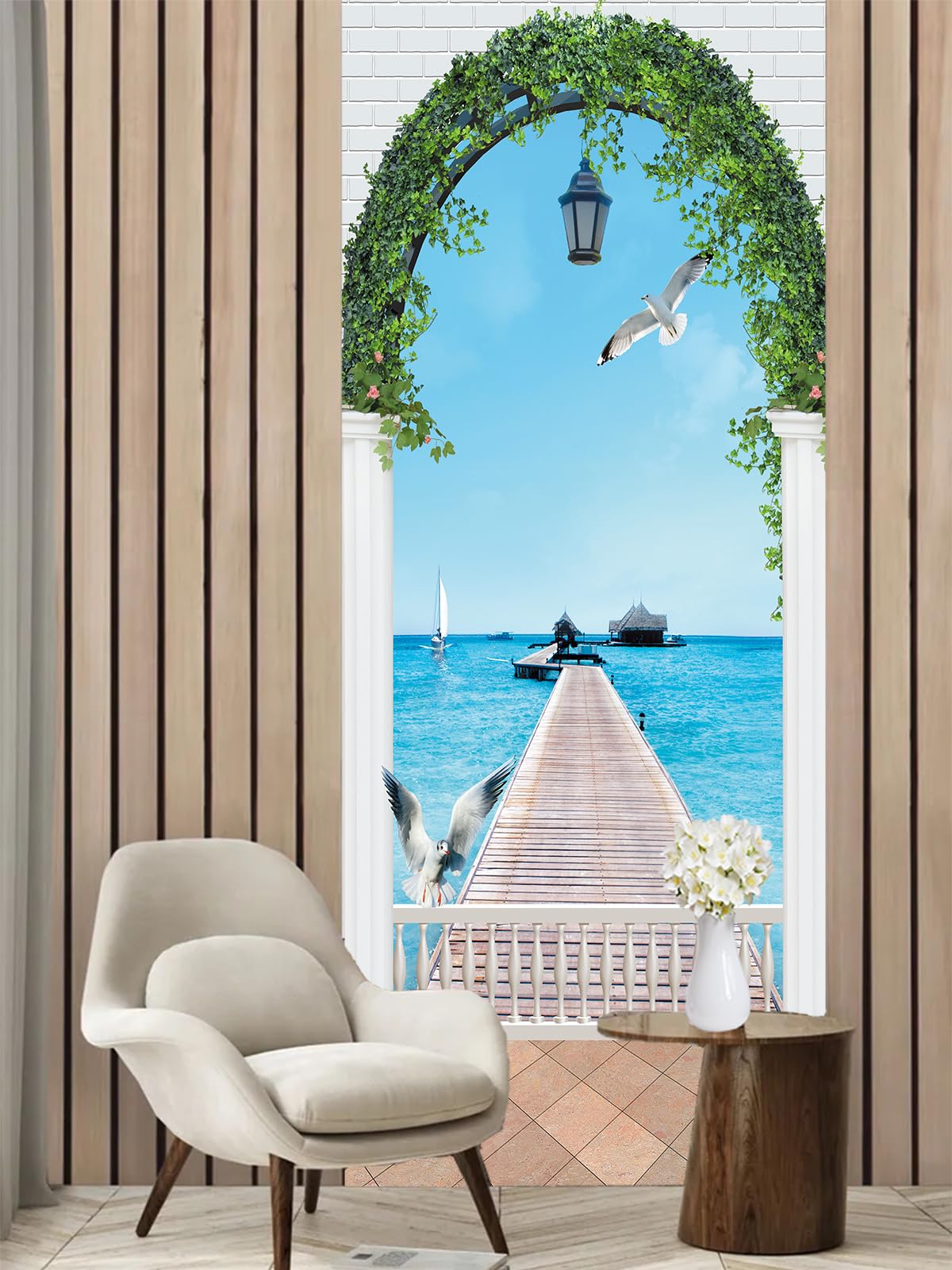 Adesivo Murale Per Porta 77x200 Cm – Paesaggio Marino Blu Spiaggia, Autoadesivo 3D Per Soggiorno, Poster Moderno