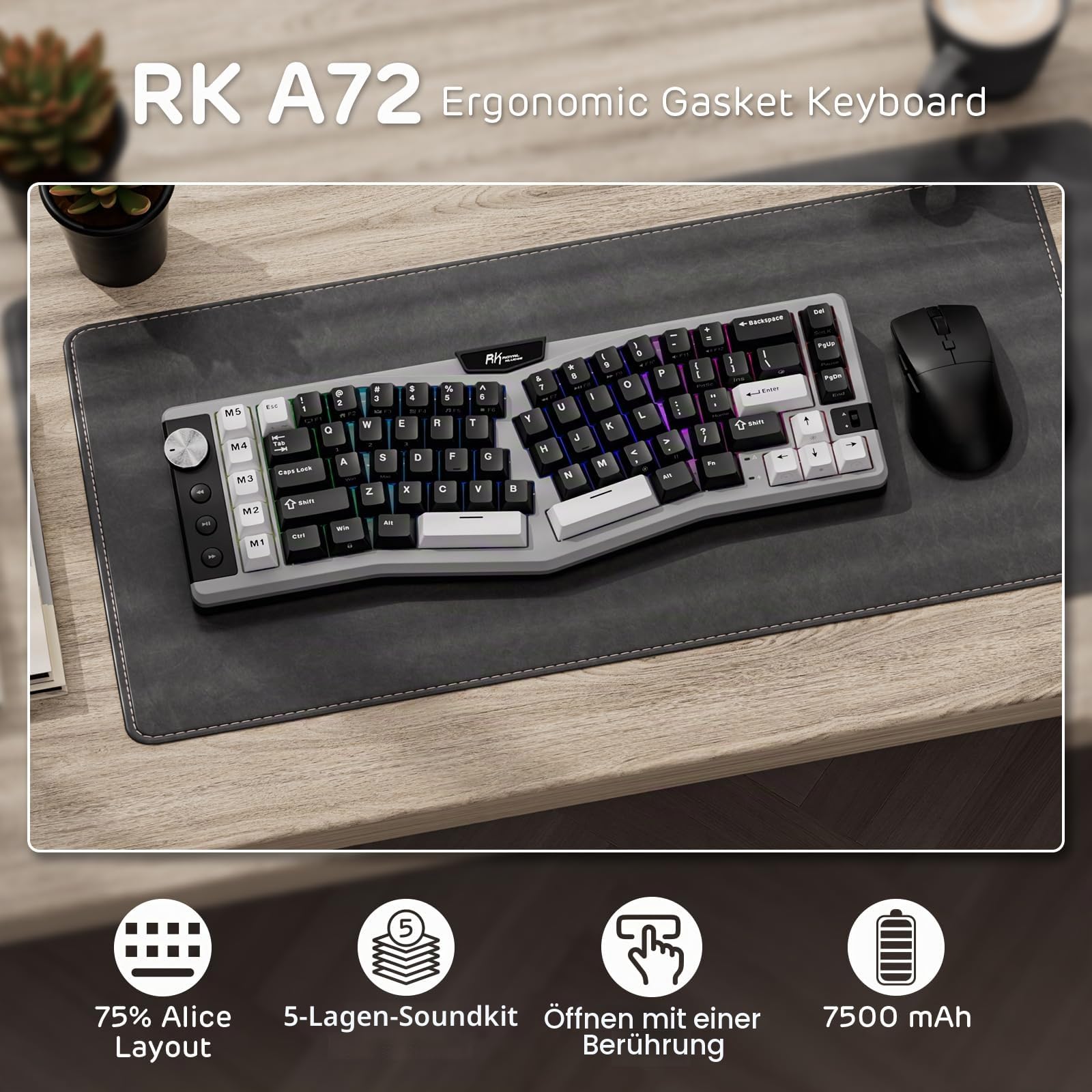 RK ROYAL KLUDGE A72 Alice ergonomisch kabellos mechanische Tastatur, QWERTY | Dichtung RGB-Gaming-Tastatur Makrotasten/Tastbares Typenschild, BT/2,4G/USB-C, 5-lagige Geräuschdämpfung, Win/Mac-Software
